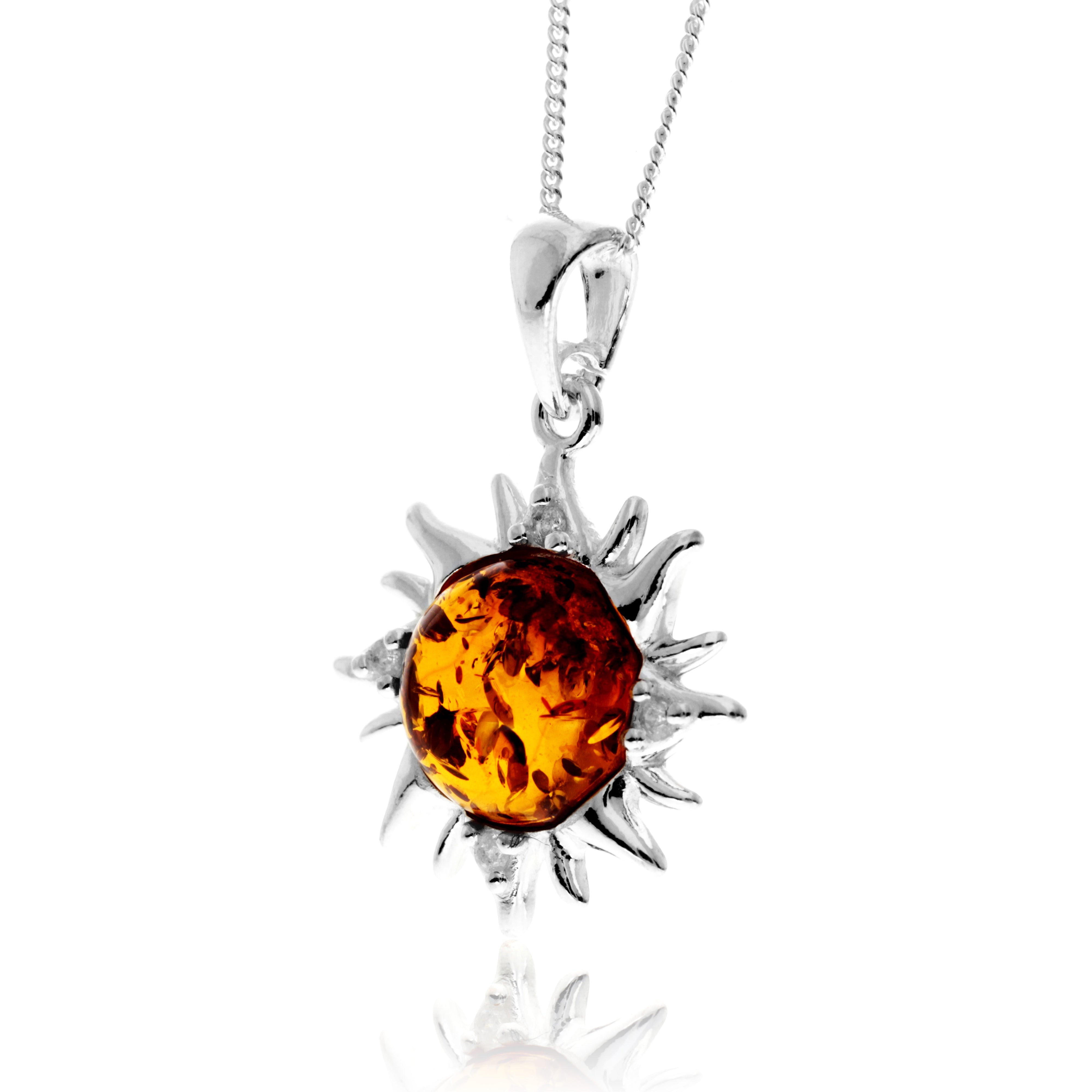 925 Steling Silver & Genuine Baltic Amber Sun with Zirconia Stones Pendant - GL2061
