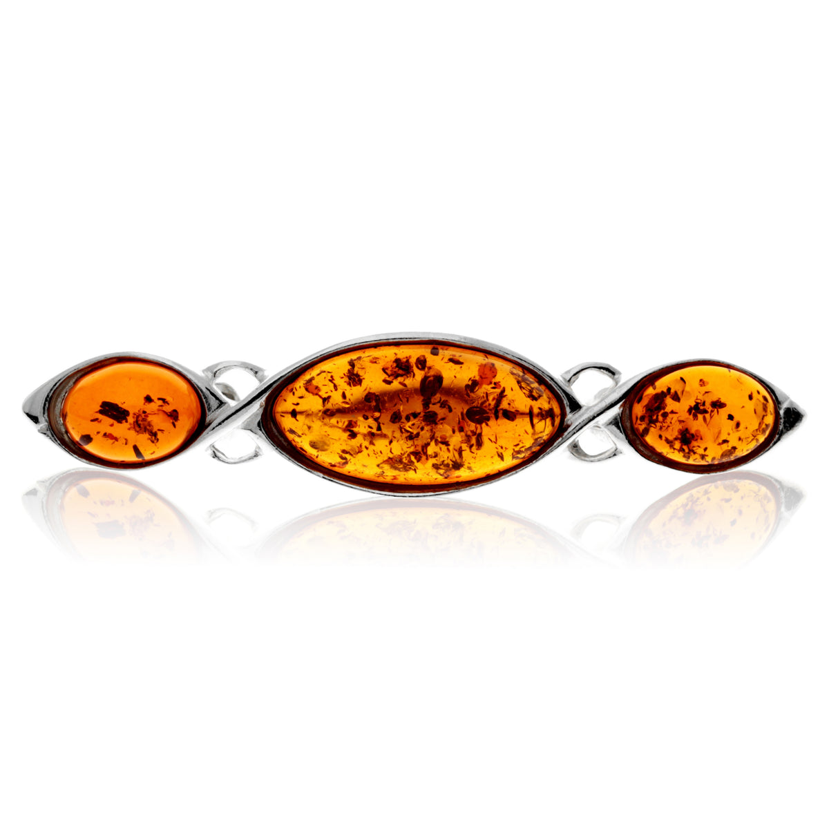 925 Sterling Silver & Genuine Baltic Amber 3 Stone Classic Brooch - GL