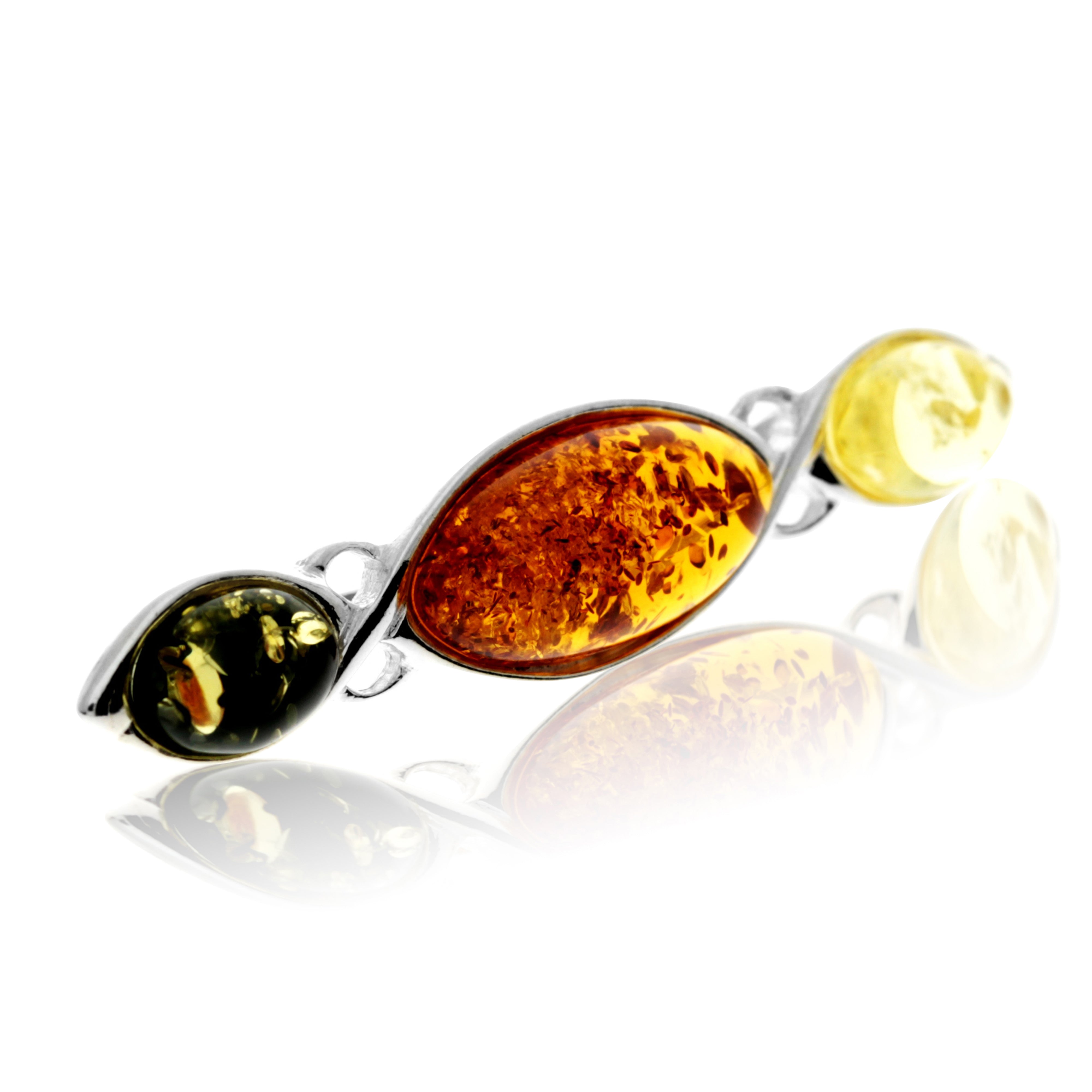 925 Sterling Silver & Genuine Baltic Amber 3 Stone Classic Brooch - GL802