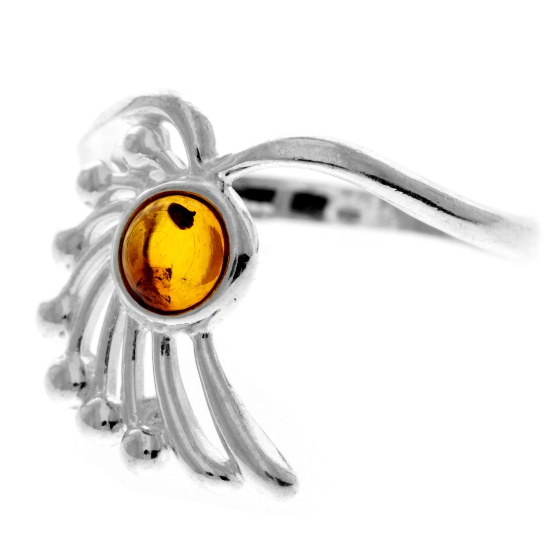 925 Sterling Silver & Genuine Baltic Amber Modern Designer Ring - 7302