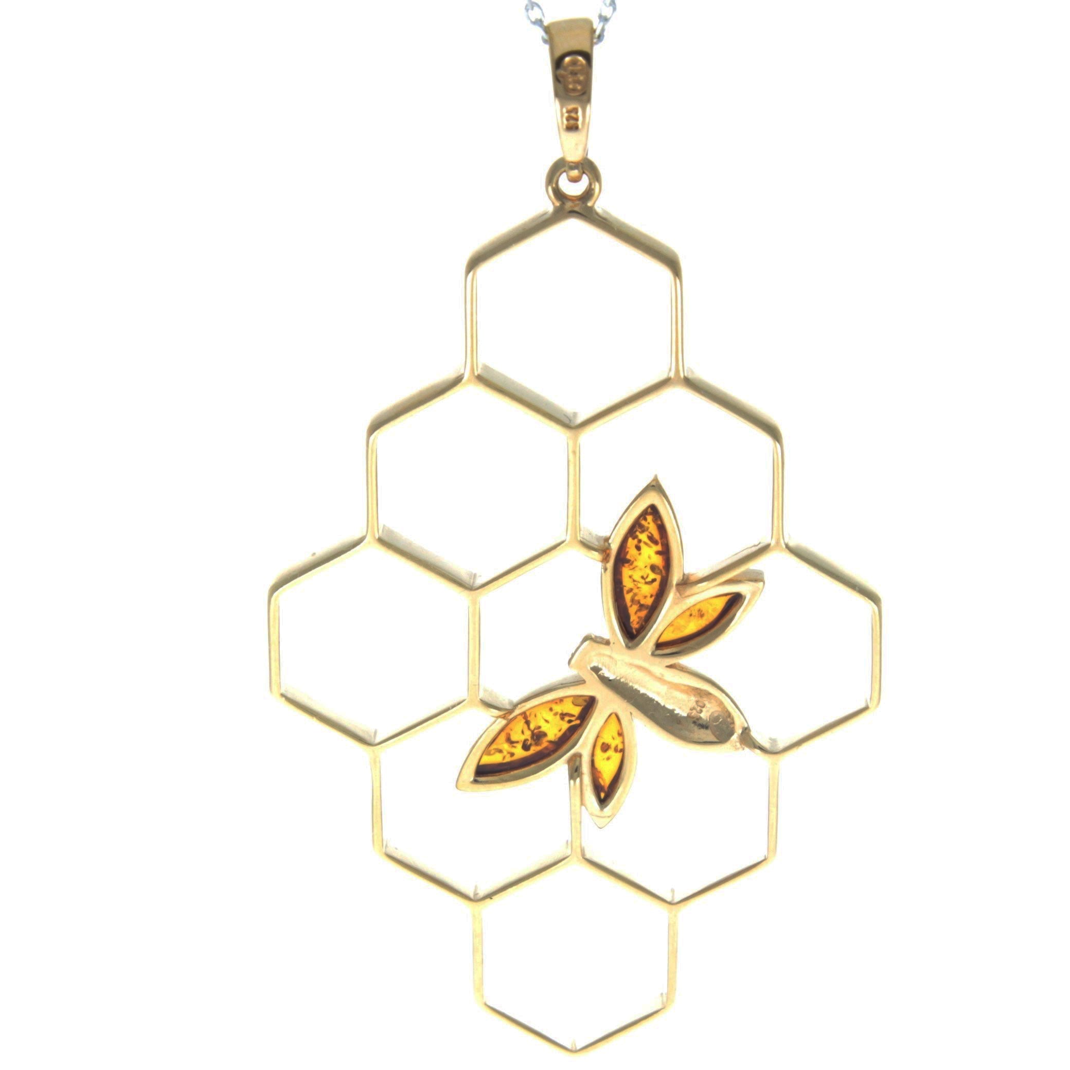 925 Sterling Silver 22 Carat Gold Plated with Genuine Baltic Amber Large Honey Bee Pendant - AG201