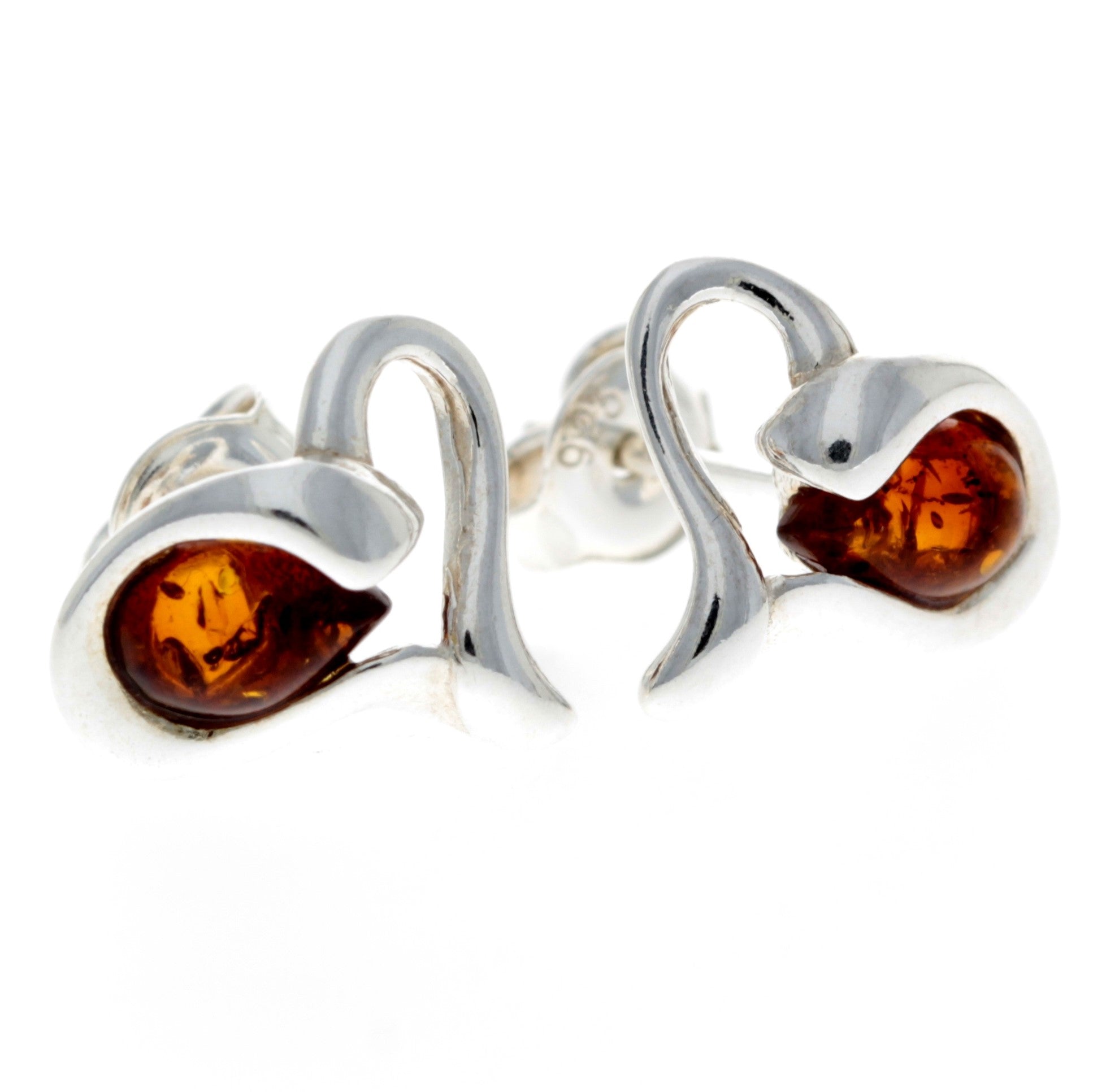 925 Sterling Silver & Genuine Baltic Amber Modern Hearts Studs Earrings - GL178