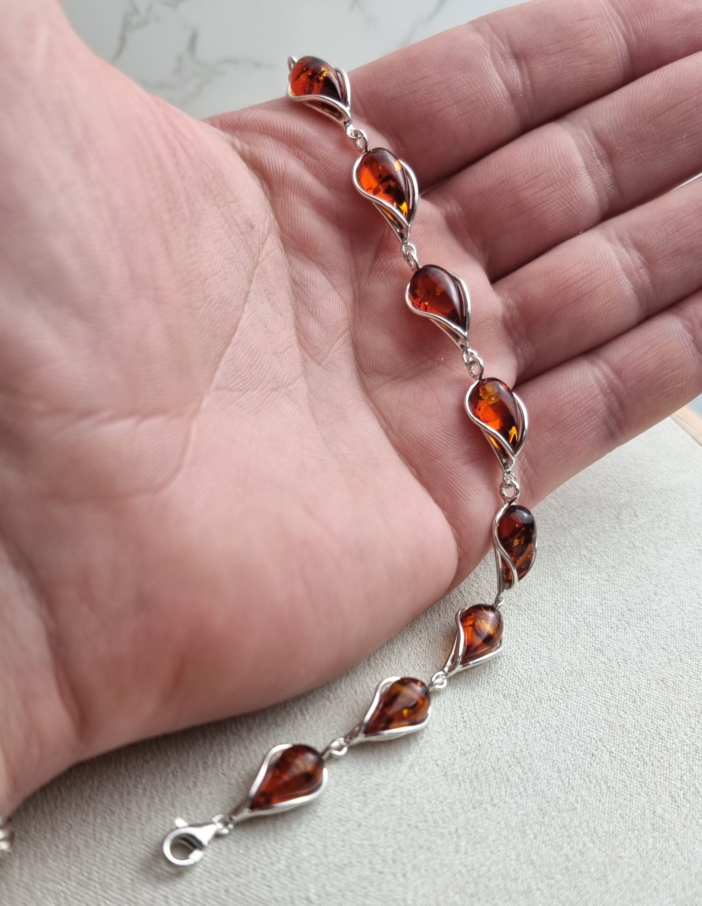 925 Sterling Silver & Genuine Baltic Amber Modern Link Bracelet - G501