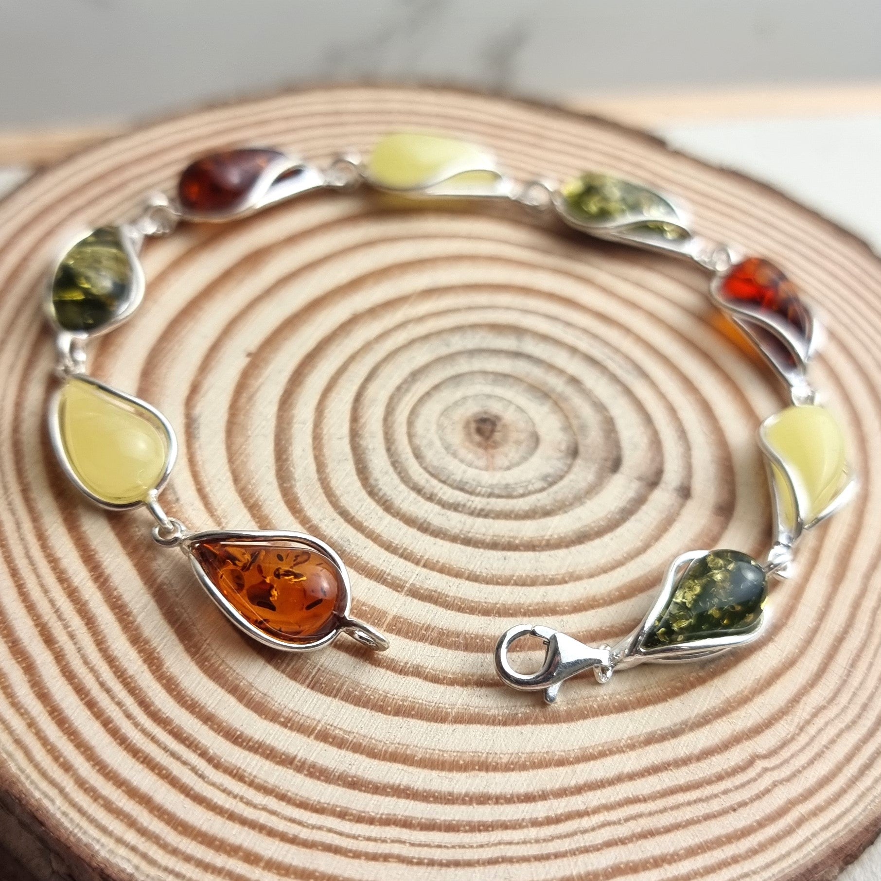 925 Sterling Silver & Genuine Baltic Amber Modern Link Bracelet - G501