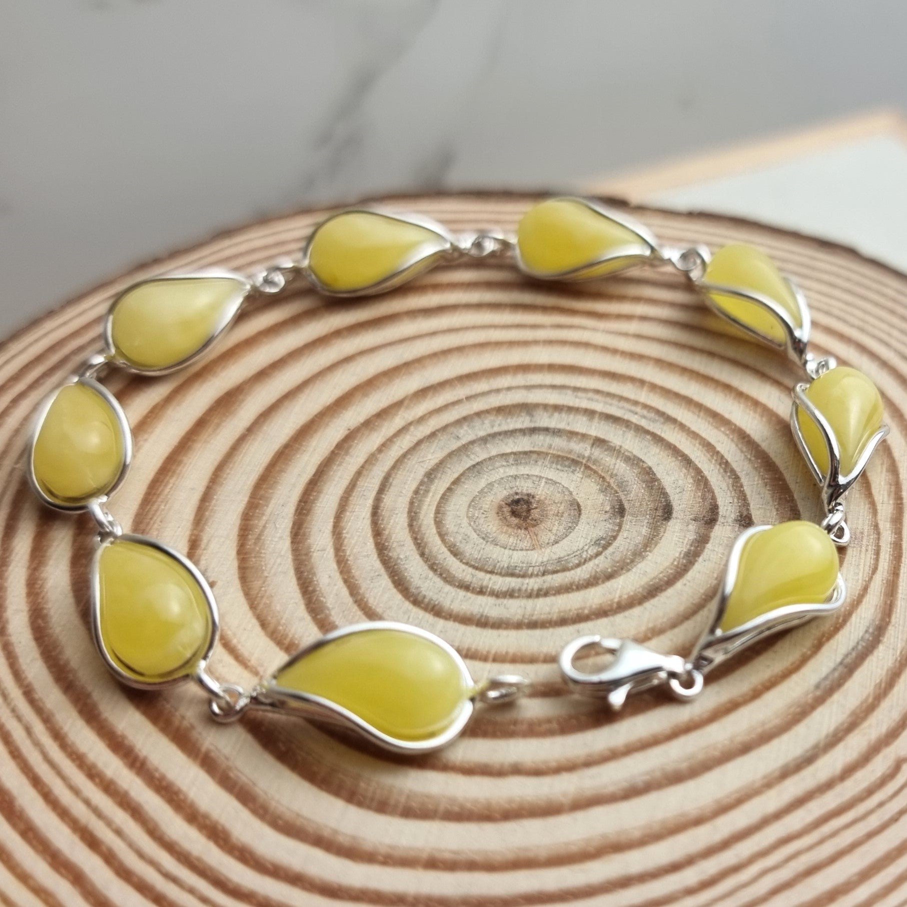 925 Sterling Silver & Genuine Baltic Amber Modern Link Bracelet - G501