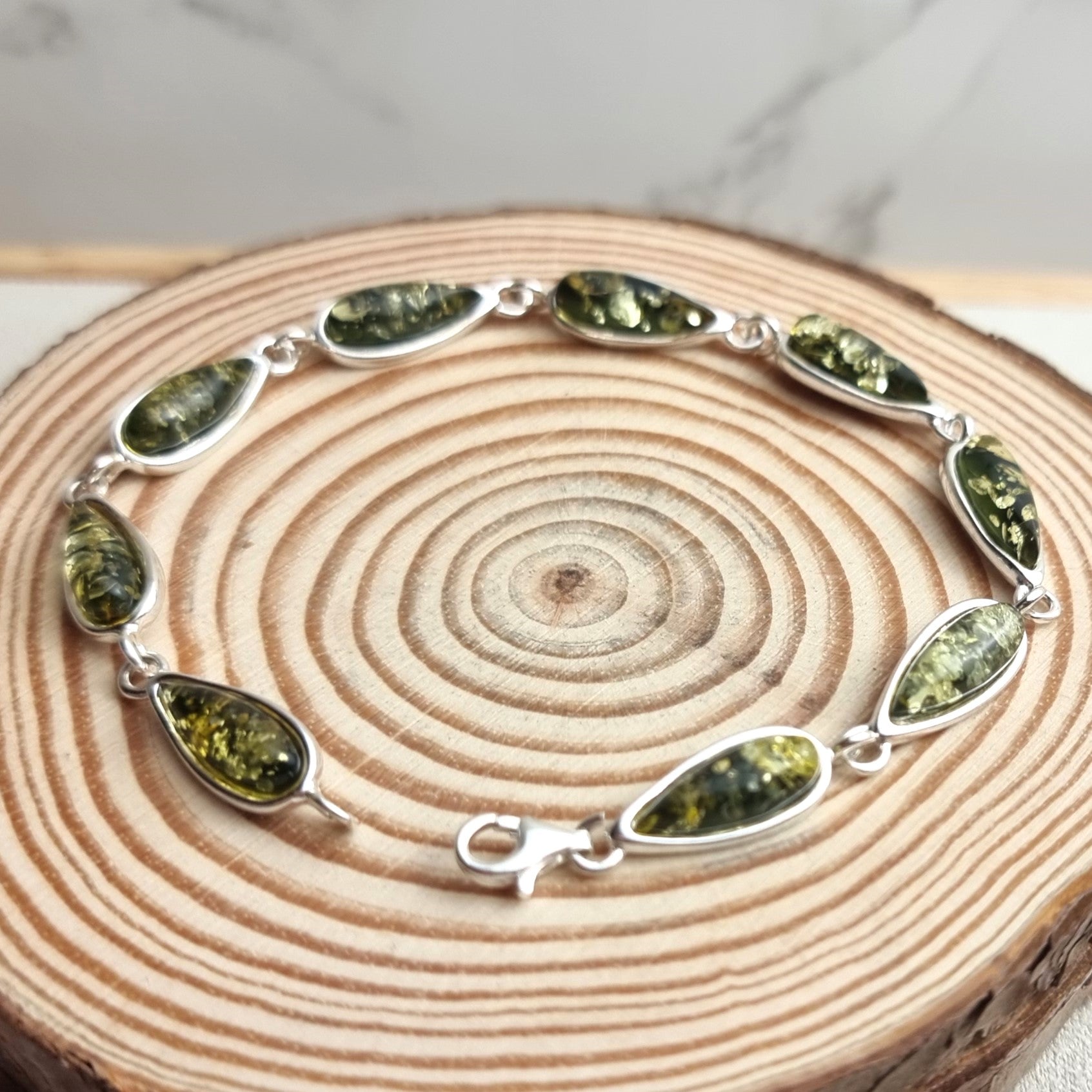 925 Sterling Silver & Genuine Baltic Amber Classic Link Bracelet - G502