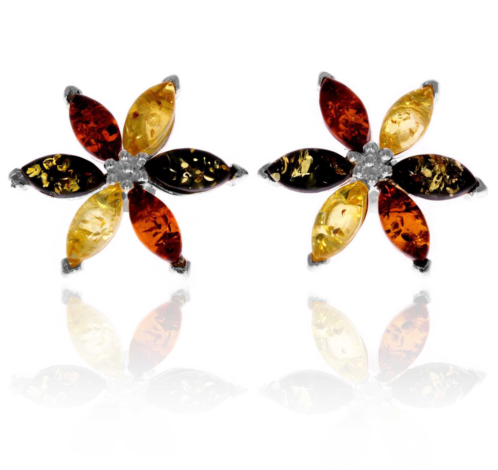 925 Sterling Silver & Genuine Baltic Amber Large Flowers Studs Earrings - 5281