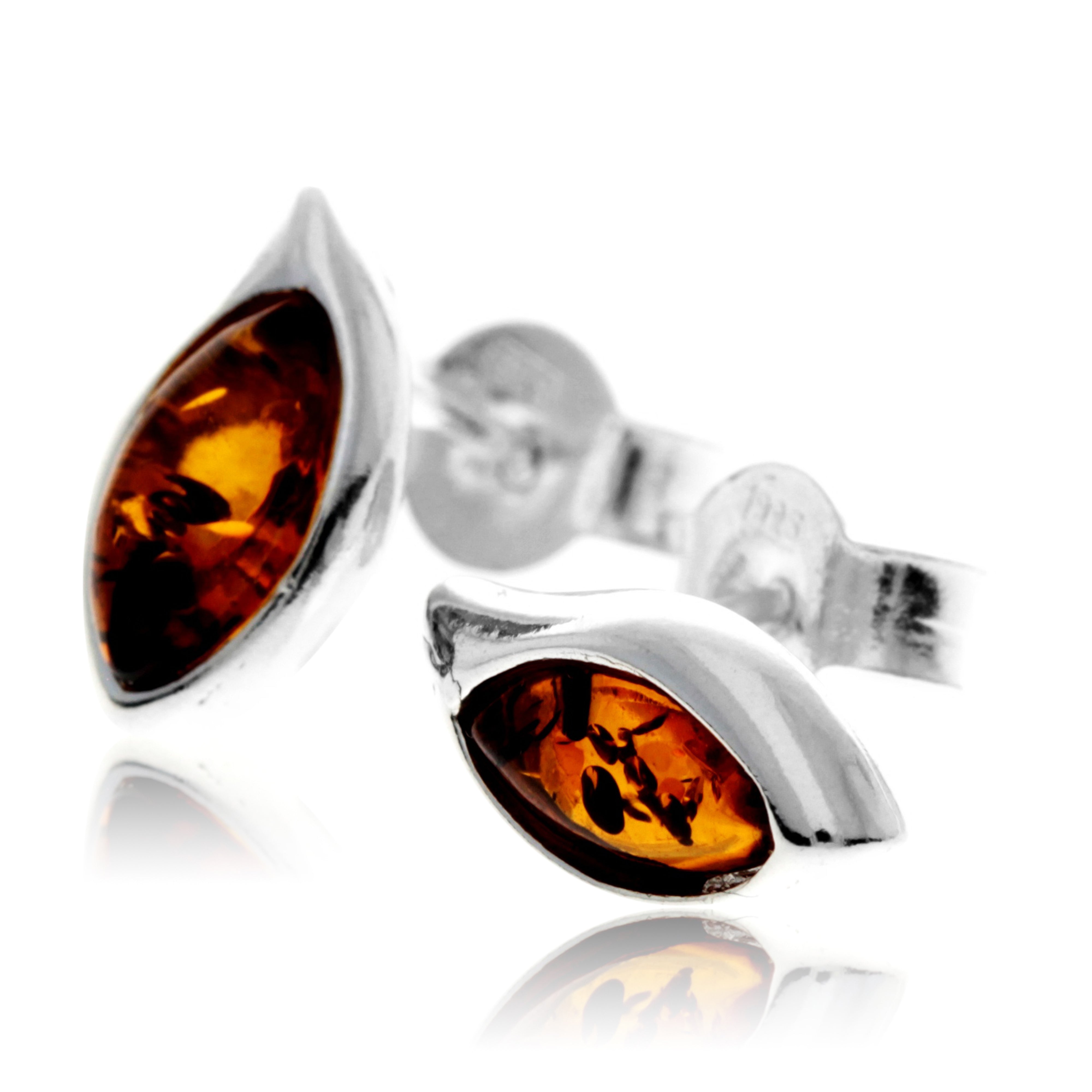 925 Sterling Silver & Genuine Baltic Amber Classic Oval Studs Earrings - 5283