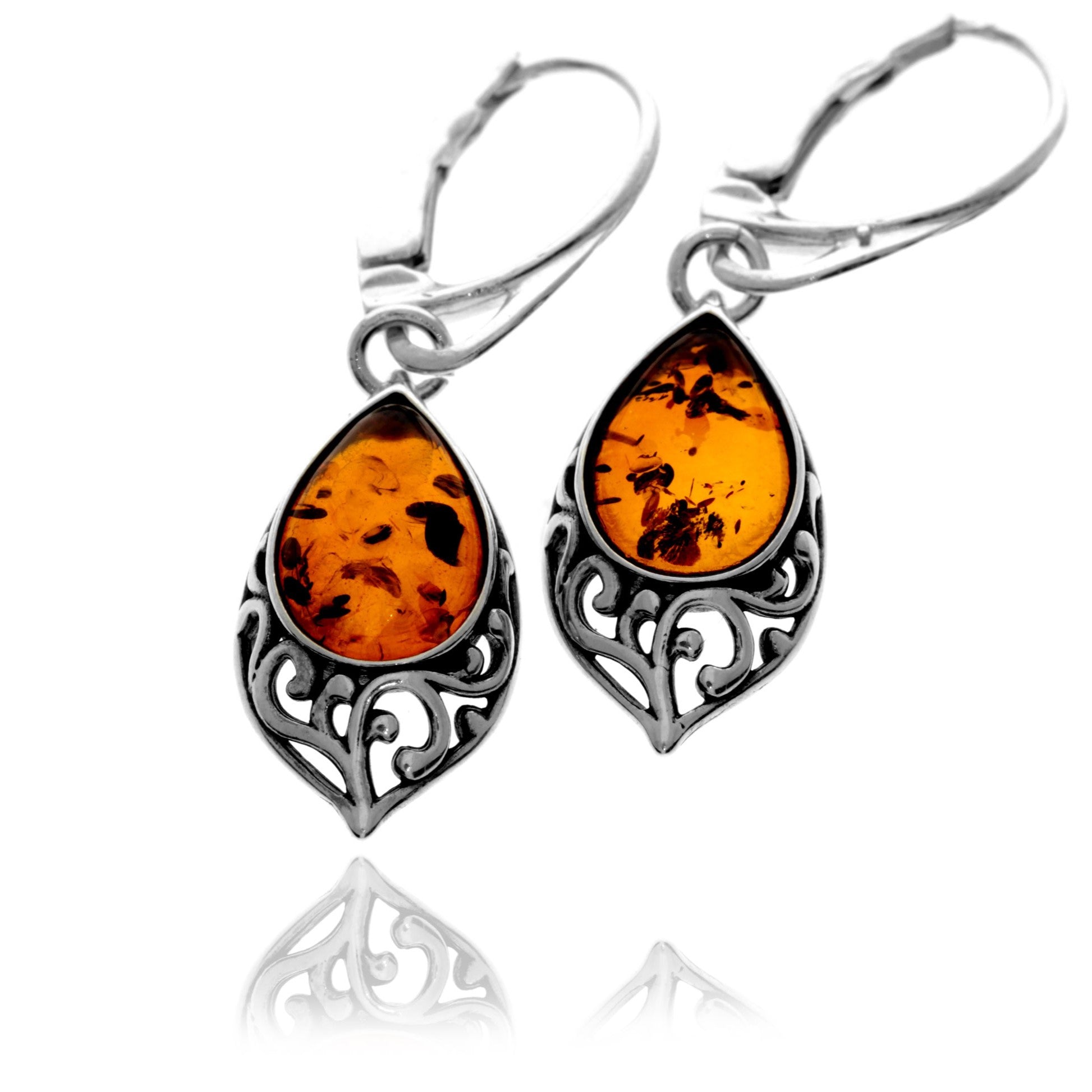 925 Sterling Silver & Genuine Baltic Amber Modern Drop Earrings - 8457