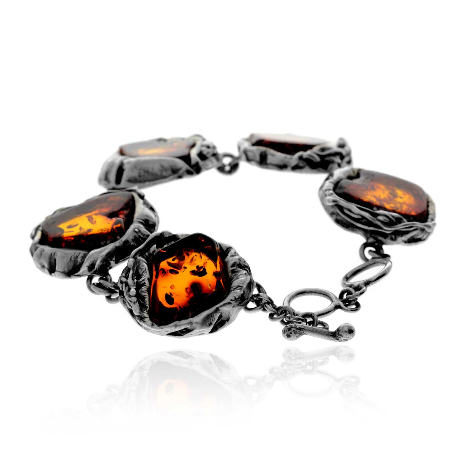 925 Sterling Silver & Genuine Cognac Baltic Amber Exclusive Unique Link Bracelet - BT0199