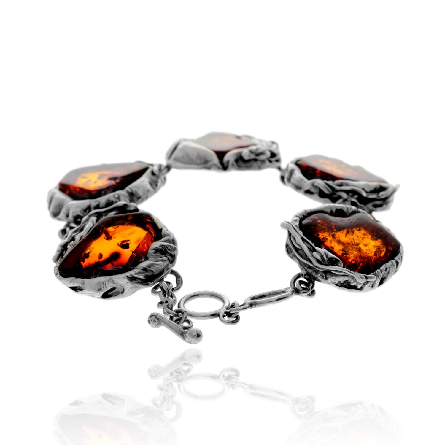 925 Sterling Silver & Genuine Cognac Baltic Amber Exclusive Unique Link Bracelet - BT0199
