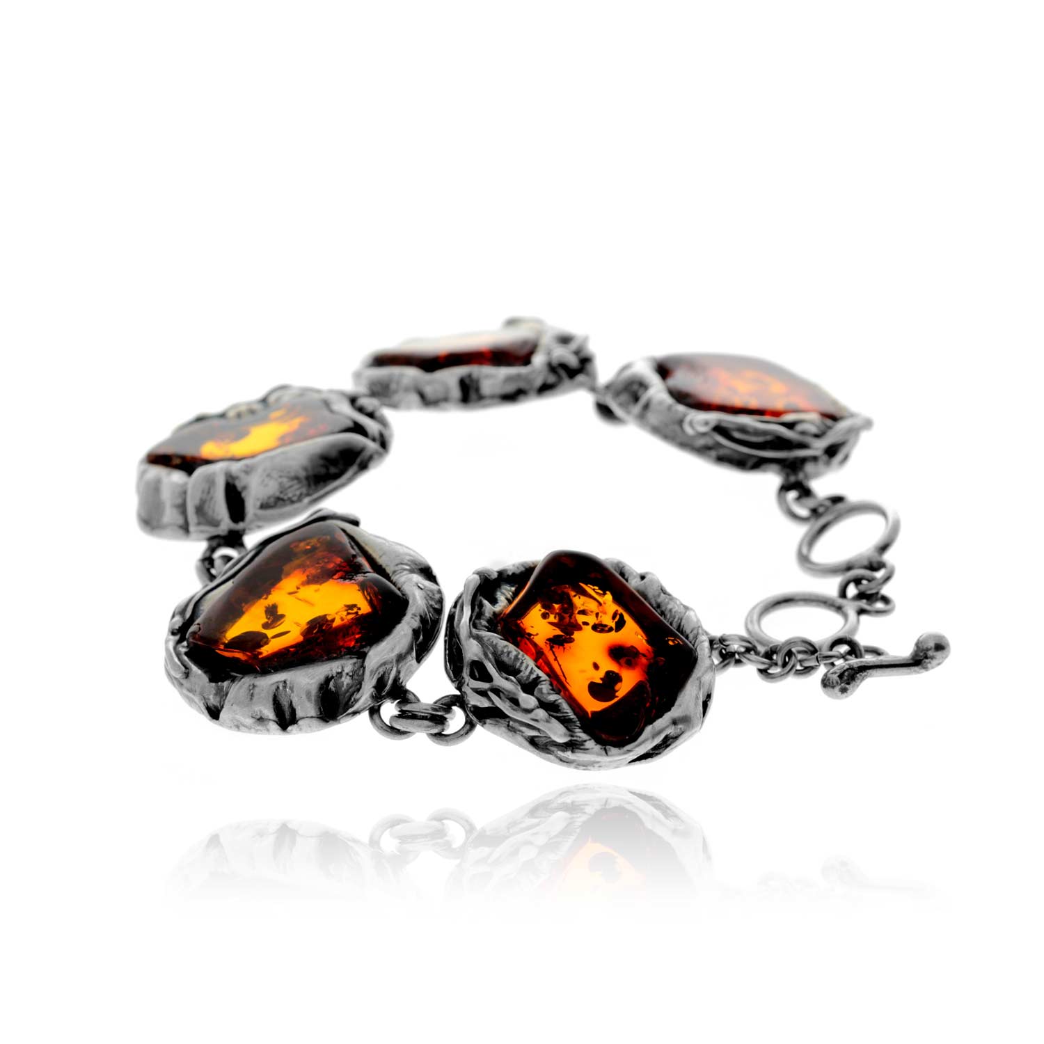 925 Sterling Silver & Genuine Cognac Baltic Amber Exclusive Unique Link Bracelet - BT0199