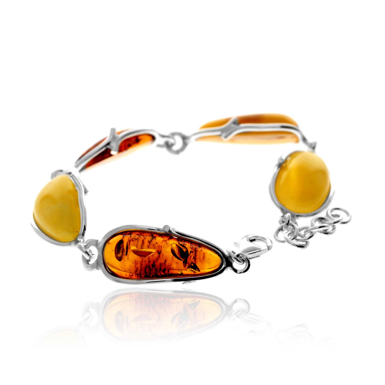 925 Sterling Silver & Genuine Mix Baltic Amber Exclusive Unique Link Bracelet - BT0200