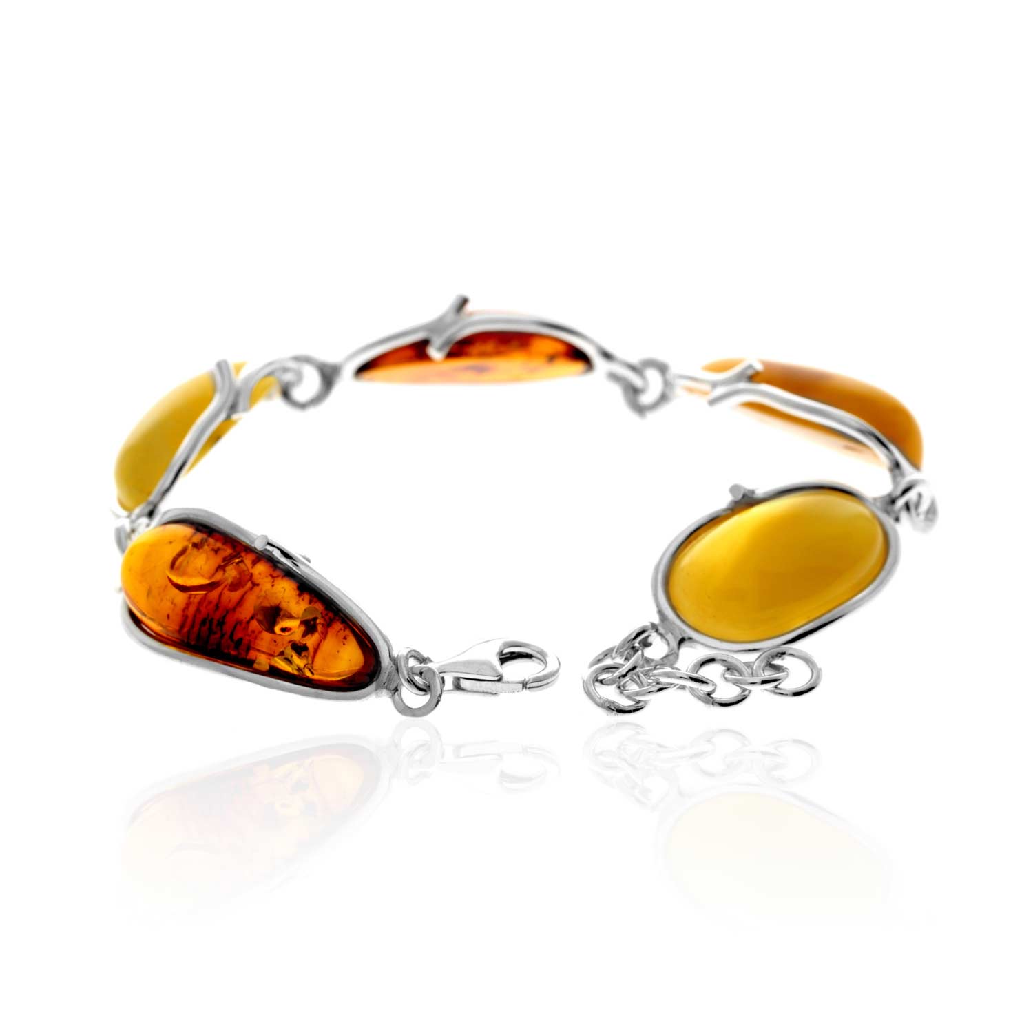 925 Sterling Silver & Genuine Mix Baltic Amber Exclusive Unique Link Bracelet - BT0200