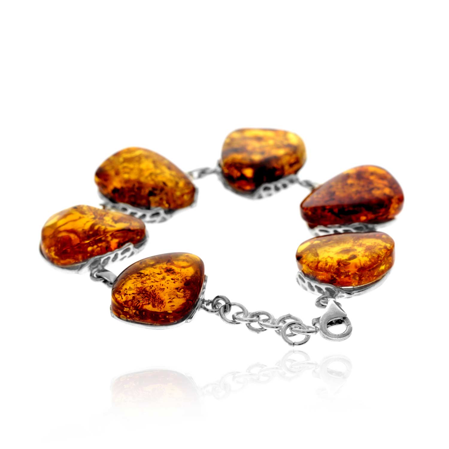 925 Sterling Silver & Genuine Cognac Baltic Amber Exclusive Unique Link Bracelet - BT0201