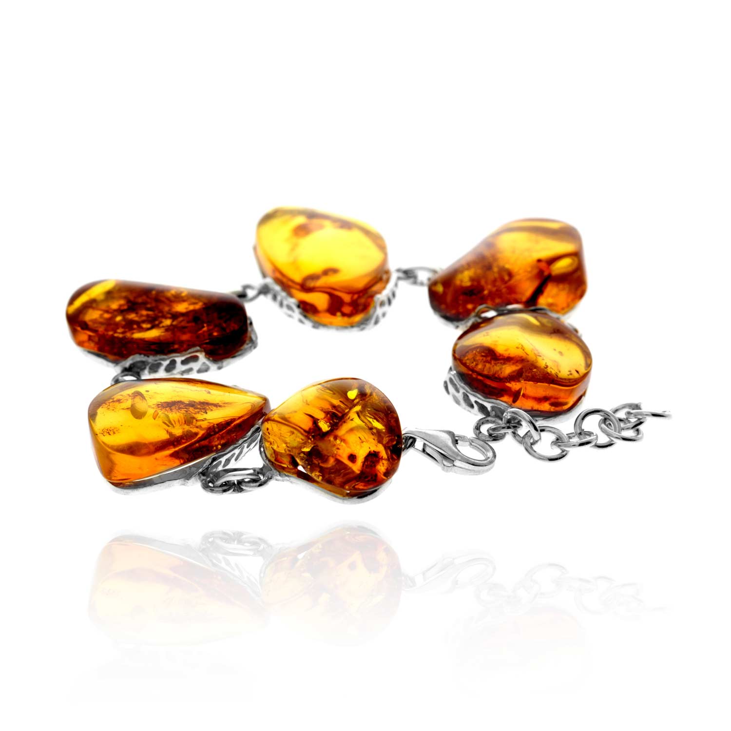 925 Sterling Silver & Genuine Cognac Baltic Amber Exclusive Unique Link Bracelet - BT0202