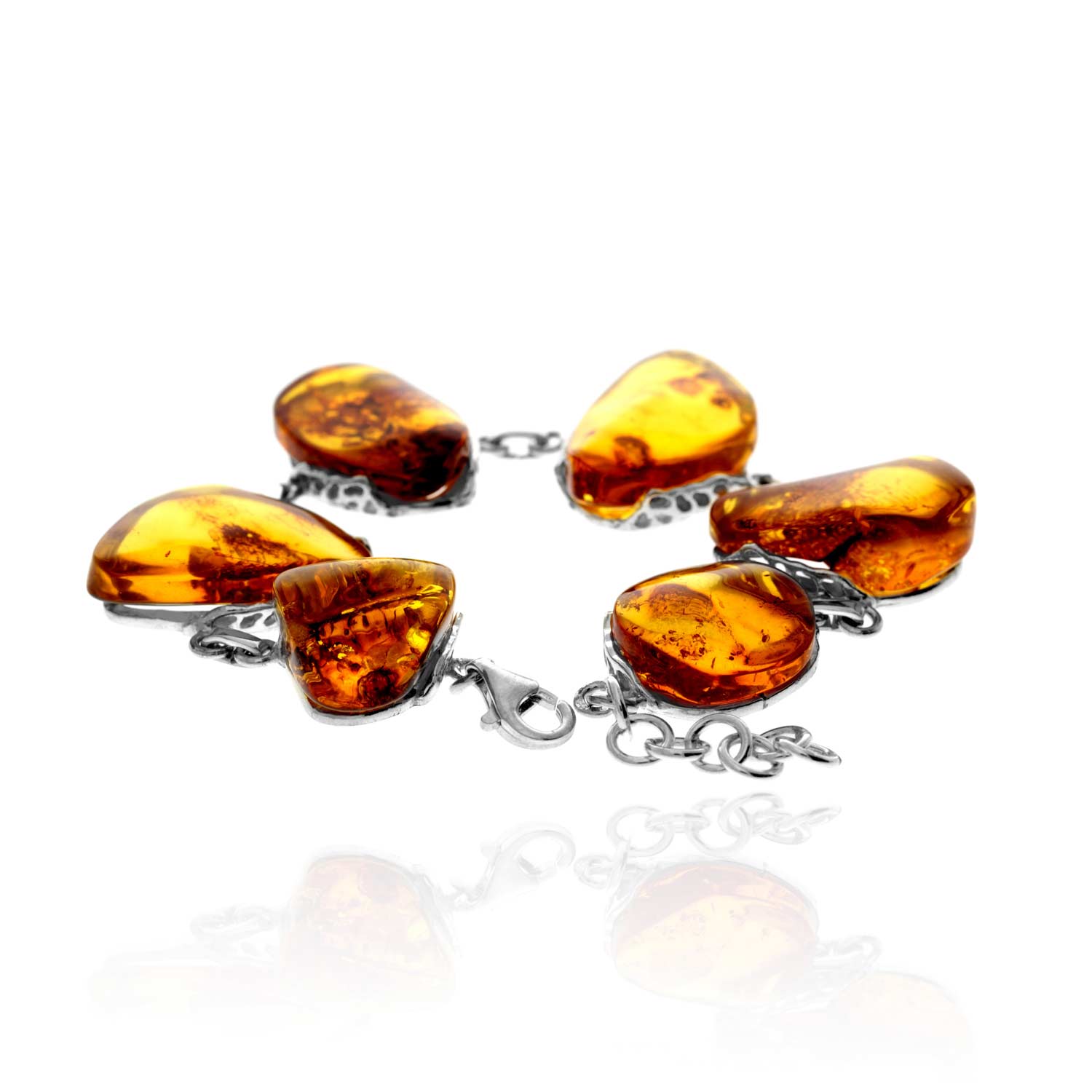 925 Sterling Silver & Genuine Cognac Baltic Amber Exclusive Unique Link Bracelet - BT0202