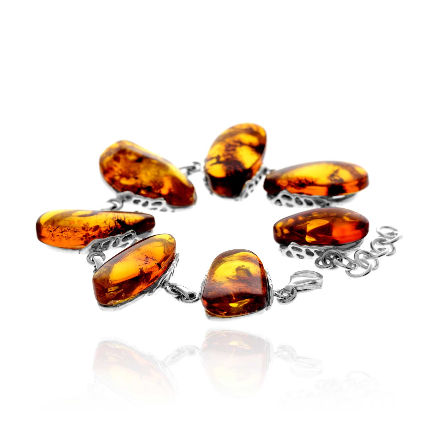 925 Sterling Silver & Genuine Cognac Baltic Amber Exclusive Unique Link Bracelet - BT0203