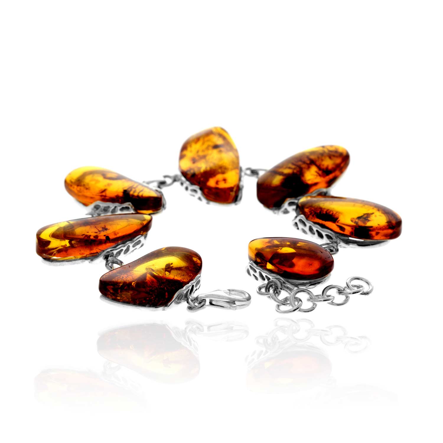 925 Sterling Silver & Genuine Cognac Baltic Amber Exclusive Unique Link Bracelet - BT0203