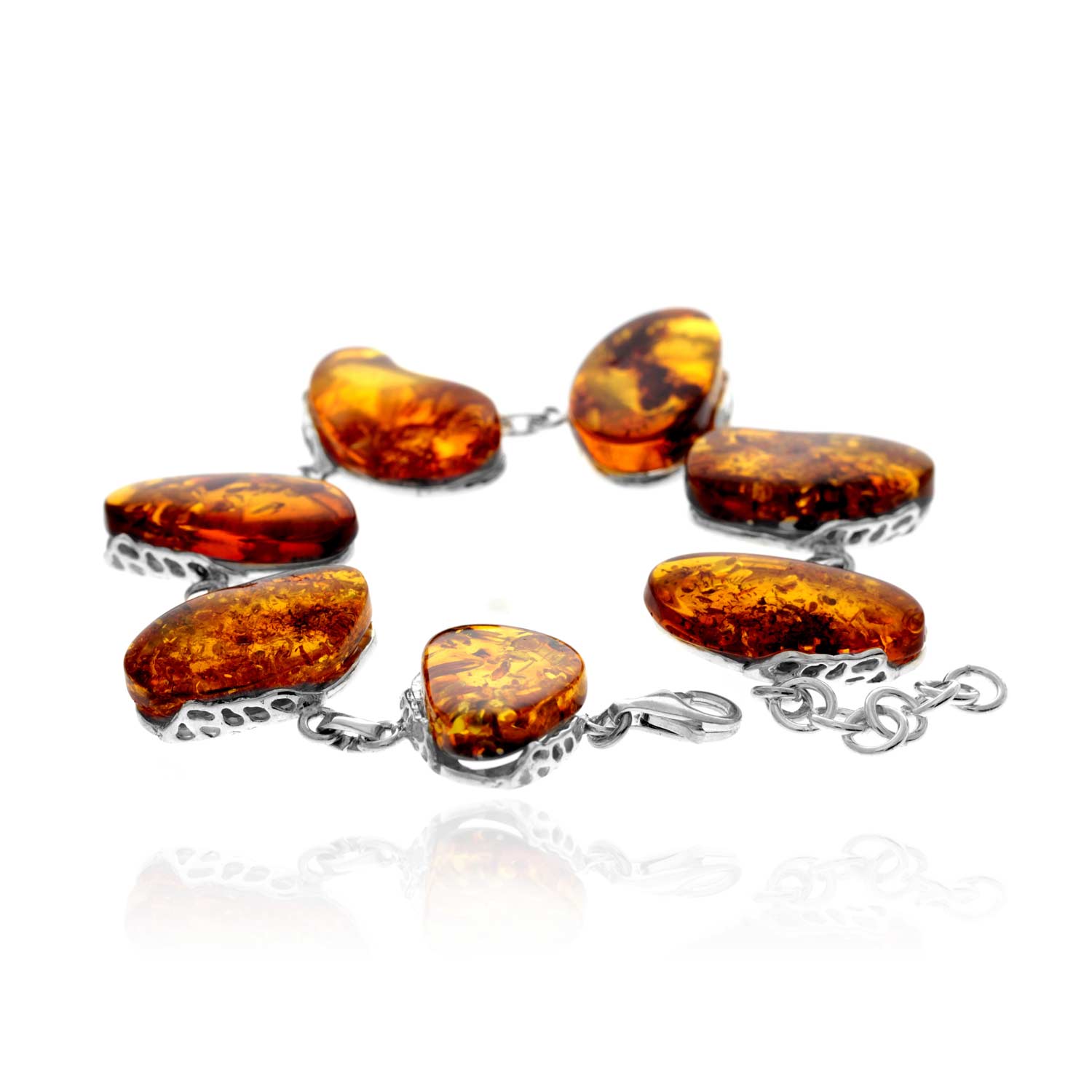 925 Sterling Silver & Genuine Cognac Baltic Amber Exclusive Unique Link Bracelet - BT0204