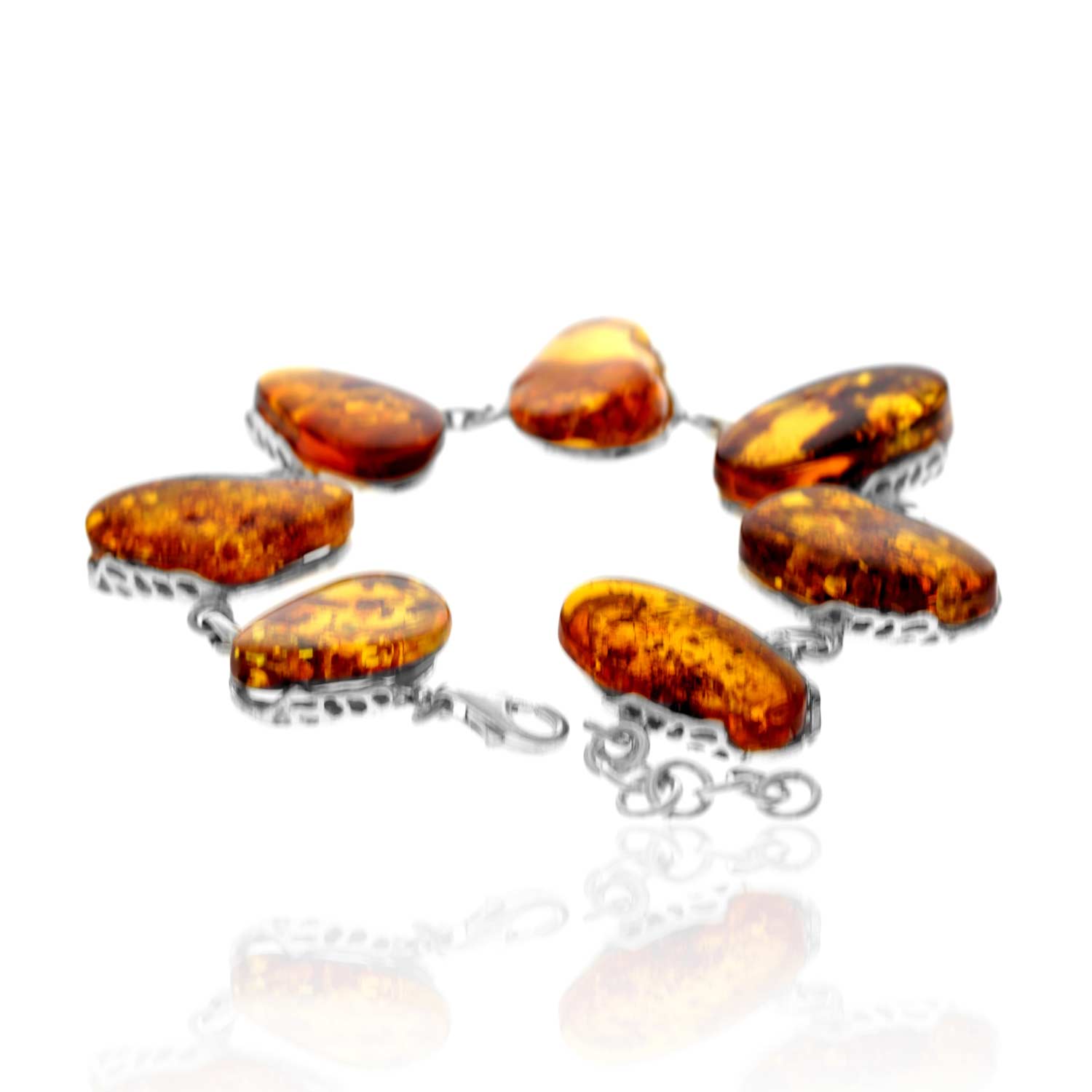 925 Sterling Silver & Genuine Cognac Baltic Amber Exclusive Unique Link Bracelet - BT0204