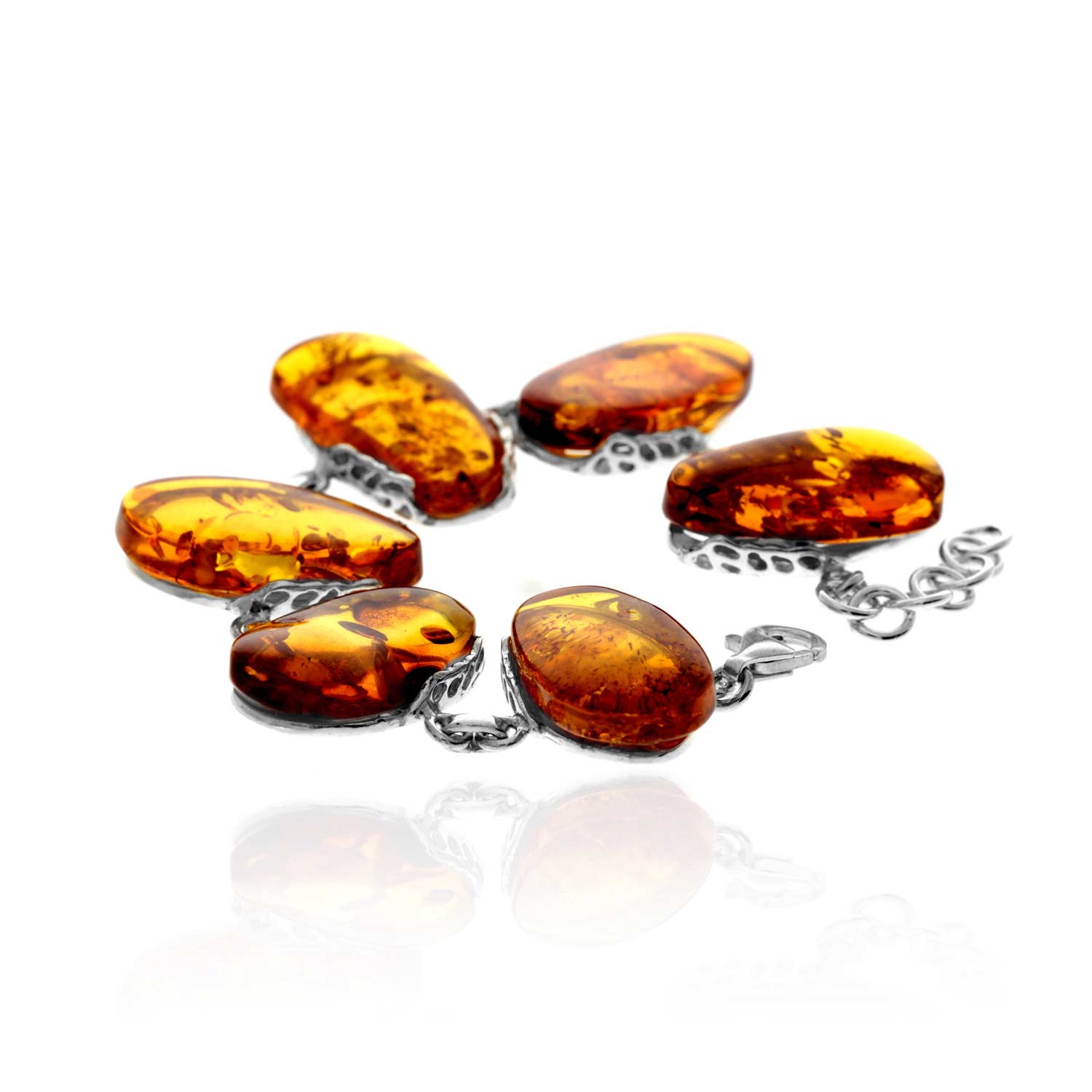 925 Sterling Silver & Genuine Cognac Baltic Amber Exclusive Unique Link Bracelet - BT0205