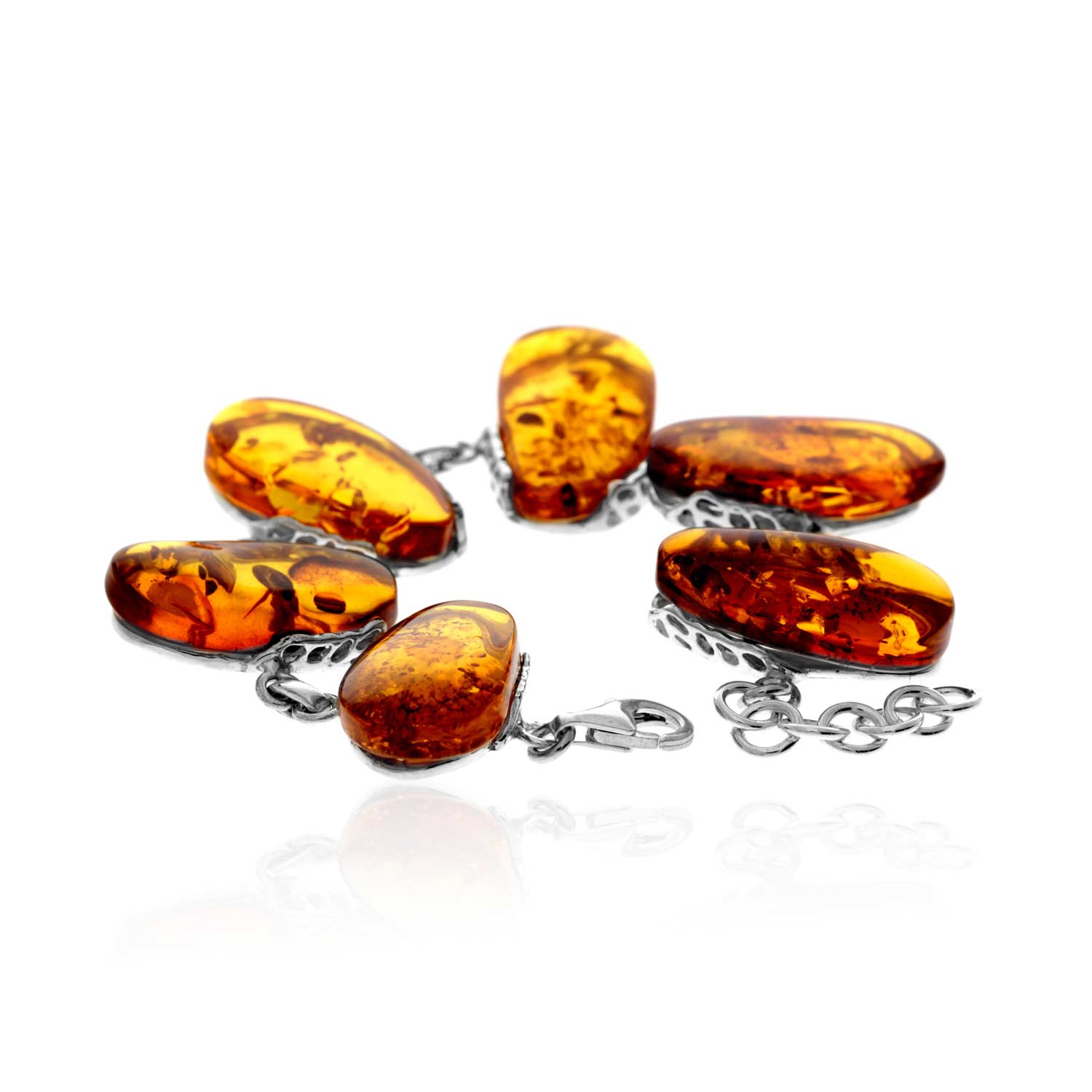 925 Sterling Silver & Genuine Cognac Baltic Amber Exclusive Unique Link Bracelet - BT0205