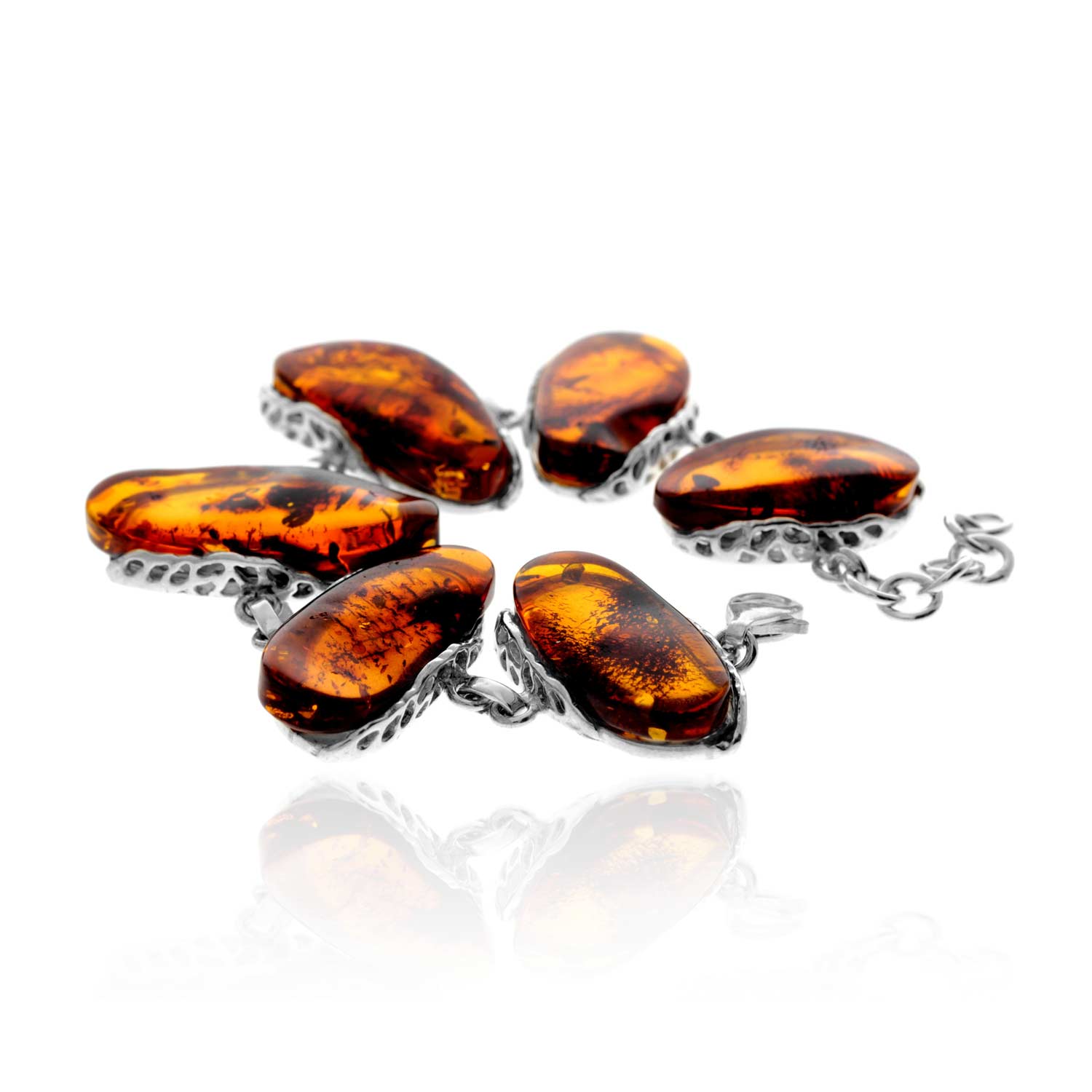 925 Sterling Silver & Genuine Cognac Baltic Amber Exclusive Unique Link Bracelet - BT0206