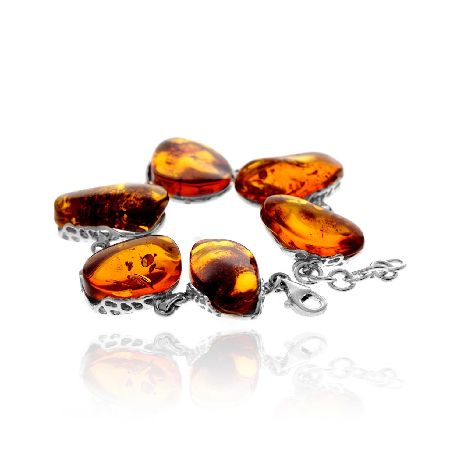 925 Sterling Silver & Genuine Cognac Baltic Amber Exclusive Unique Link Bracelet - BT0207