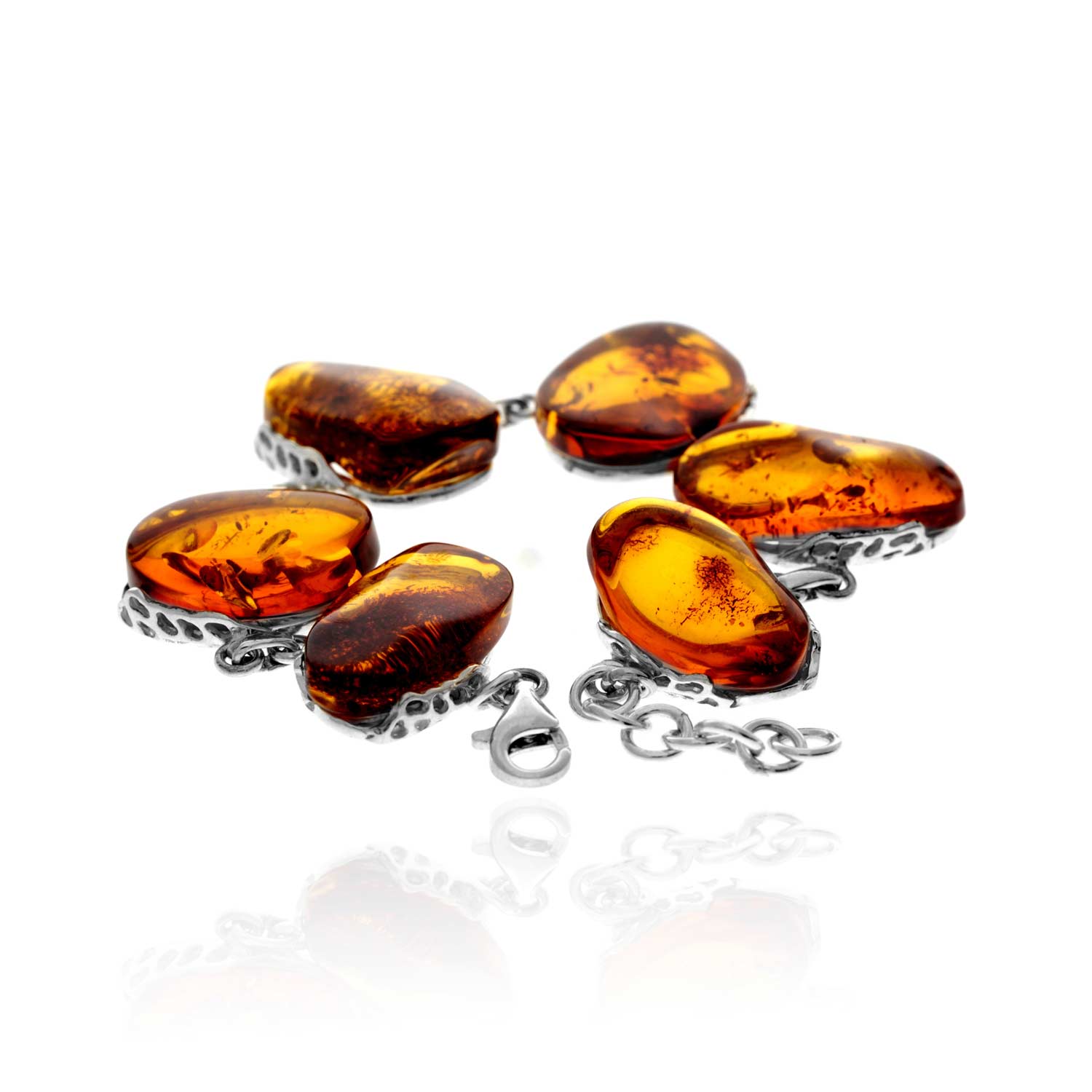 925 Sterling Silver & Genuine Cognac Baltic Amber Exclusive Unique Link Bracelet - BT0207