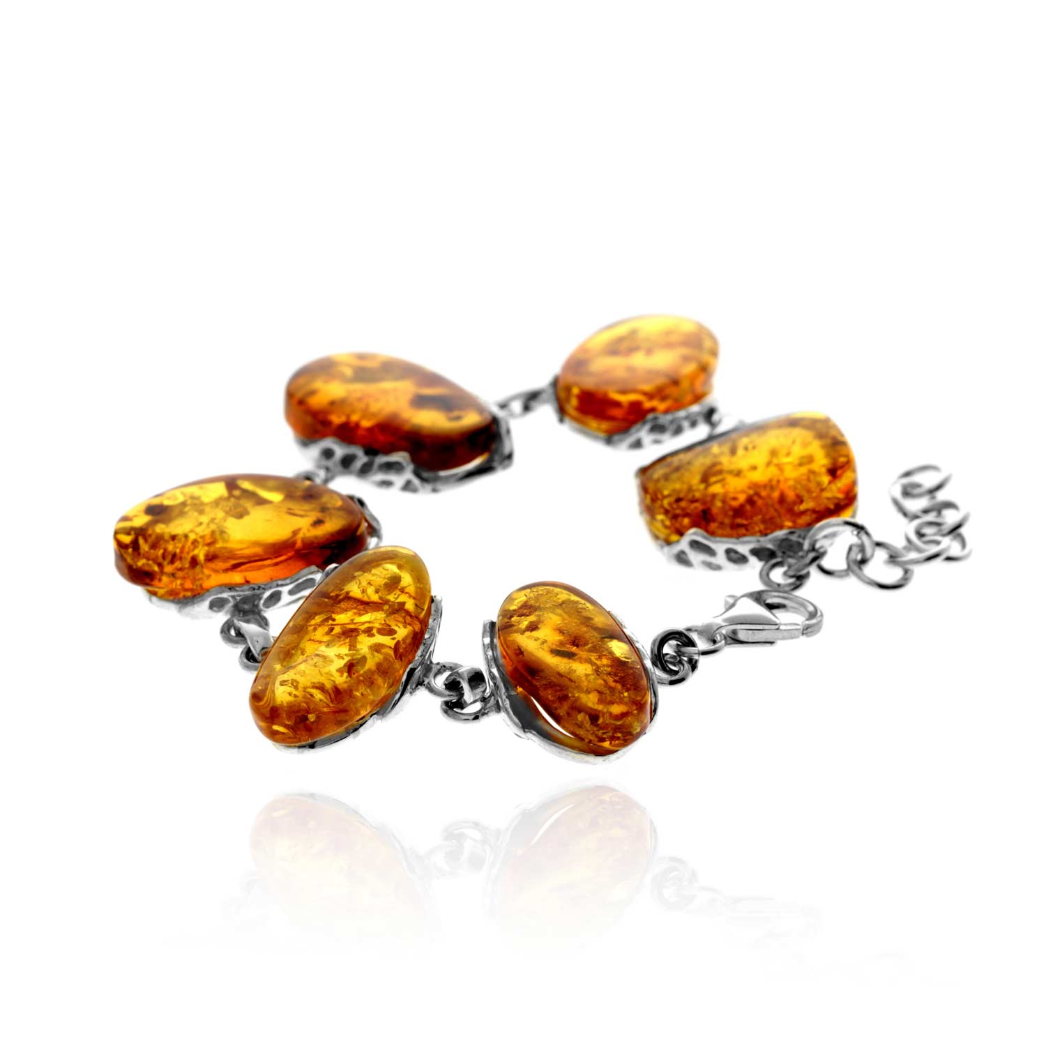 925 Sterling Silver & Genuine Cognac Baltic Amber Exclusive Unique Link Bracelet - BT0208