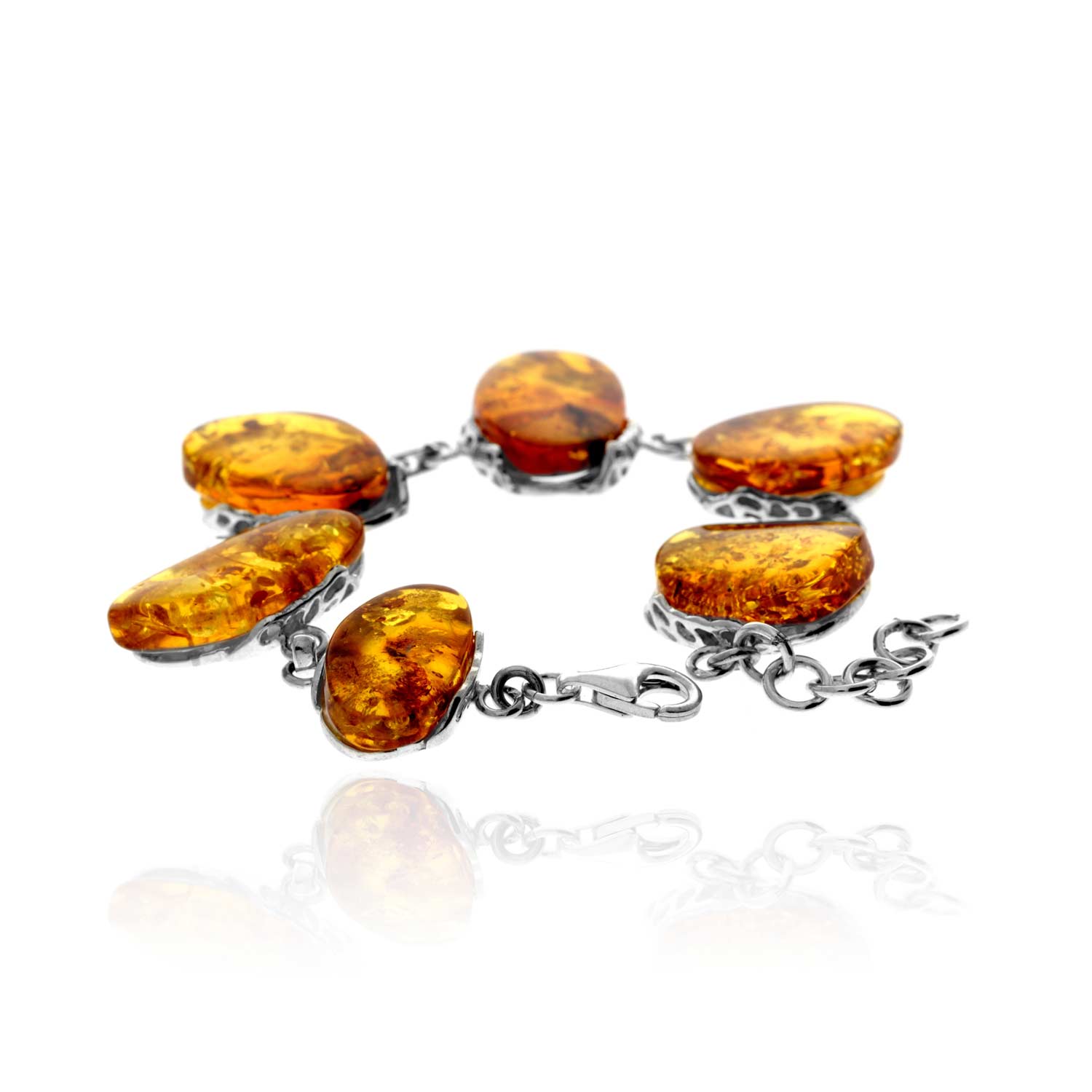 925 Sterling Silver & Genuine Cognac Baltic Amber Exclusive Unique Link Bracelet - BT0208