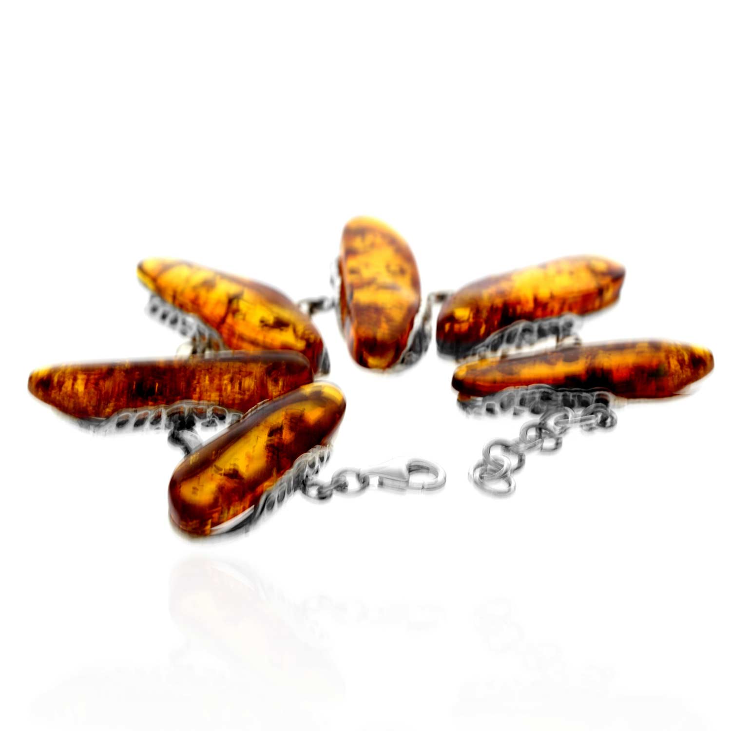 925 Sterling Silver & Genuine Cognac Baltic Amber Exclusive Unique Link Bracelet - BT0209