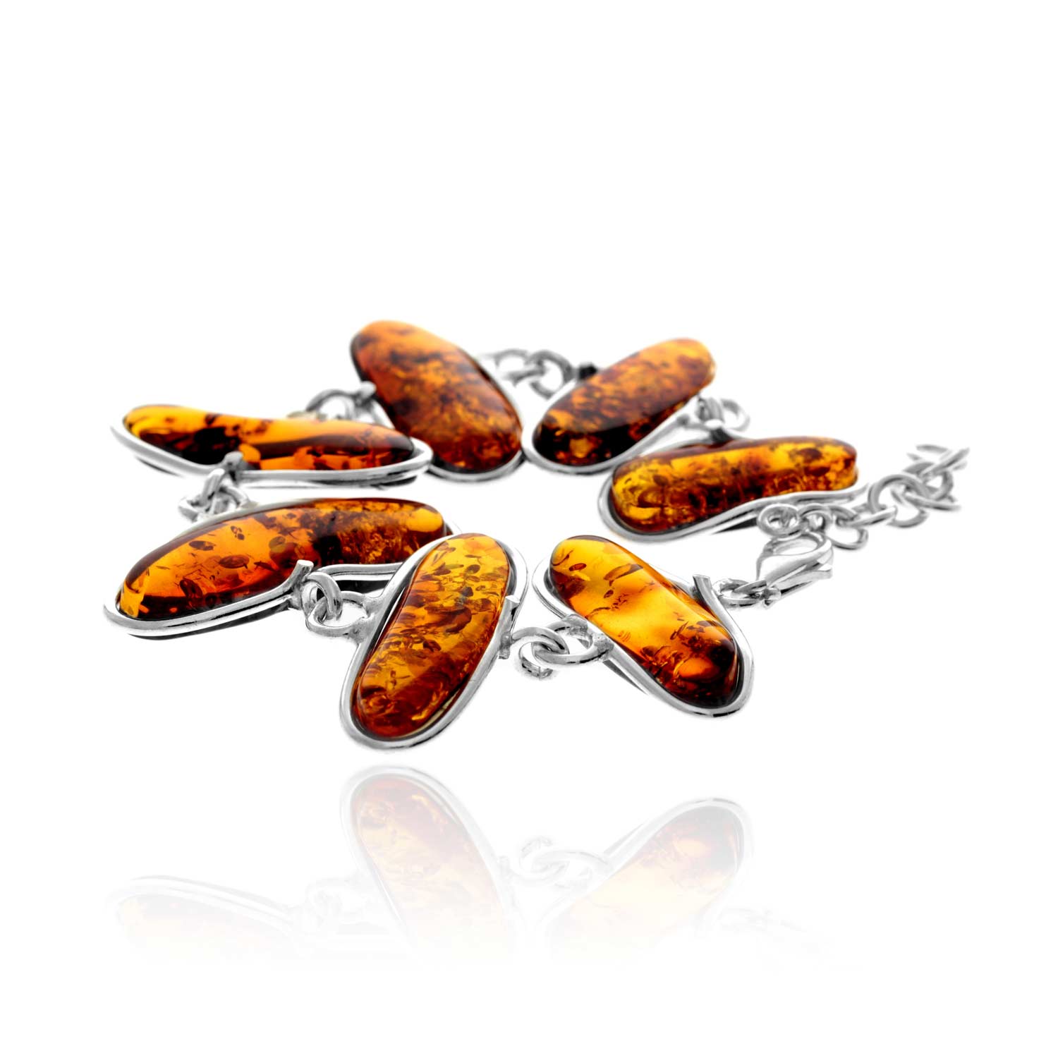 925 Sterling Silver & Genuine Cognac Baltic Amber Exclusive Unique Link Bracelet - BT0210