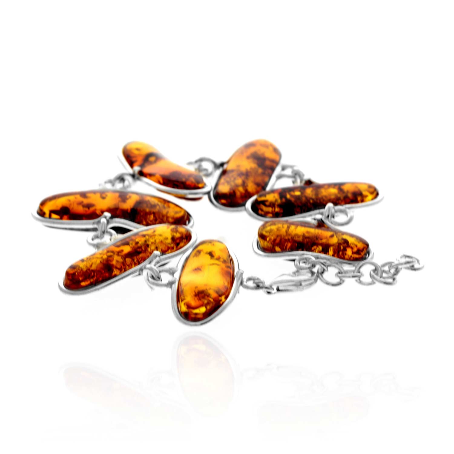 925 Sterling Silver & Genuine Cognac Baltic Amber Exclusive Unique Link Bracelet - BT0210