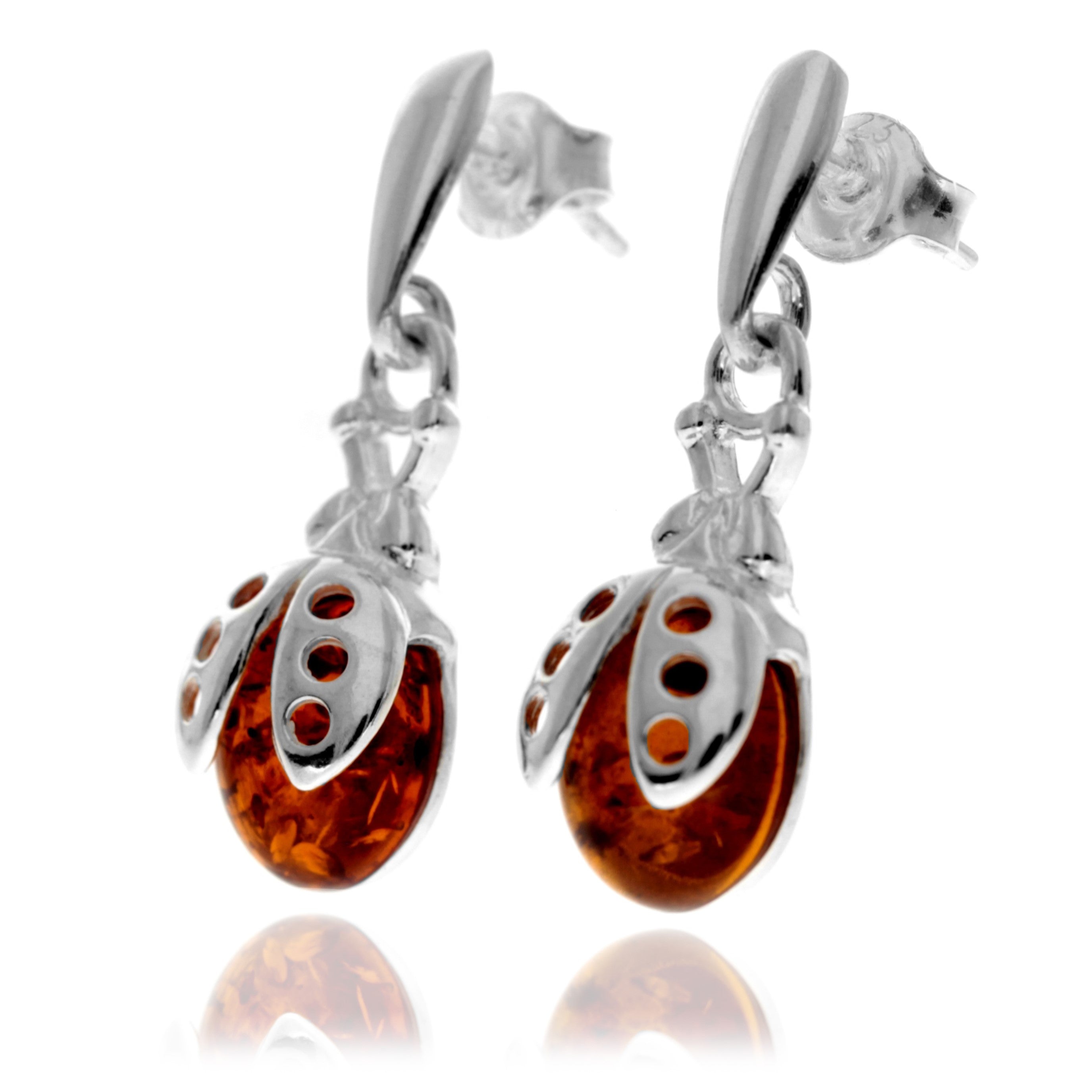 925 Sterling Silver & Genuine Baltic Amber Ladybird Drop Earrings - GL1000D