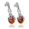 925 Sterling Silver & Genuine Baltic Amber Ladybird Drop Earrings - GL1000D