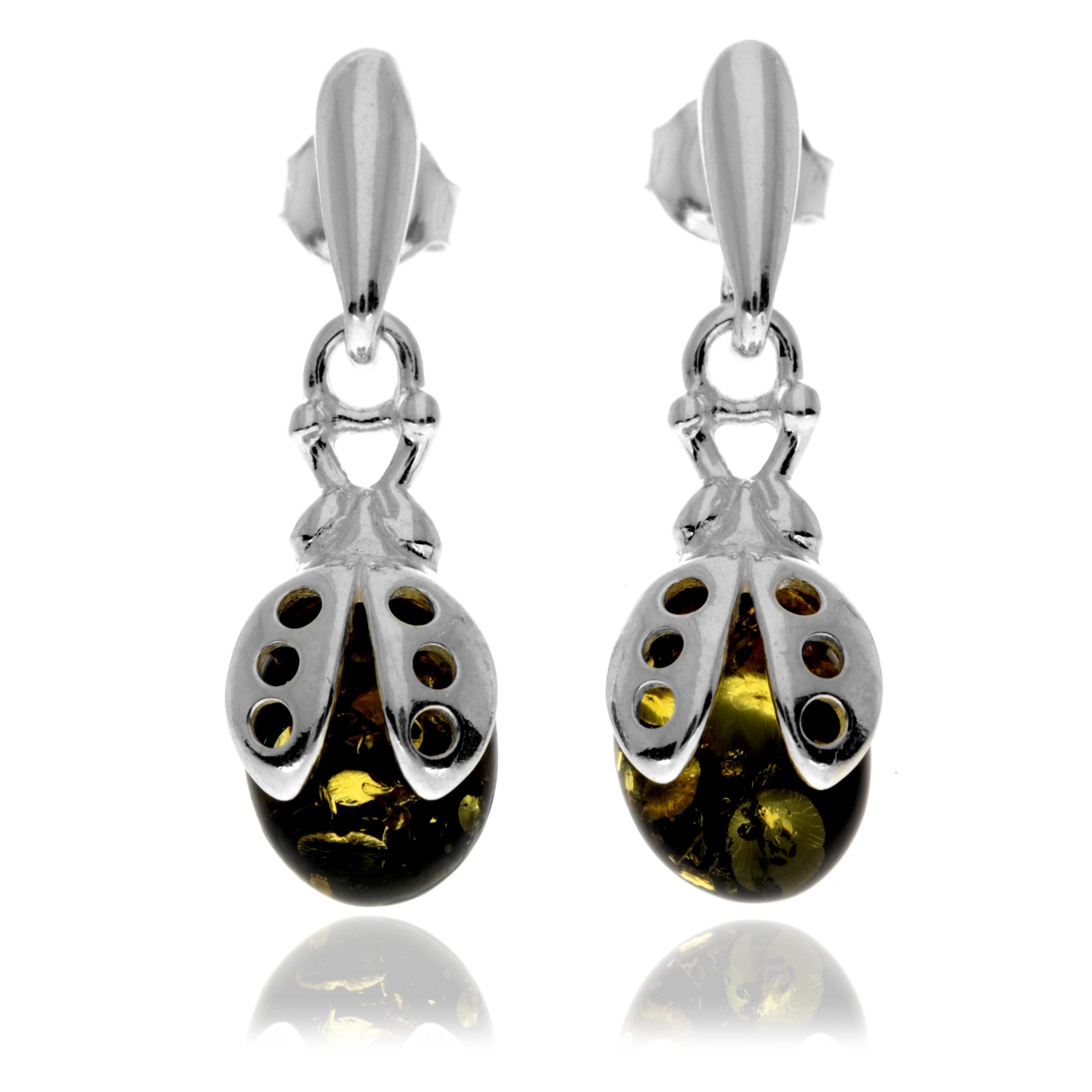 925 Sterling Silver & Genuine Baltic Amber Ladybird Drop Earrings - GL1000D