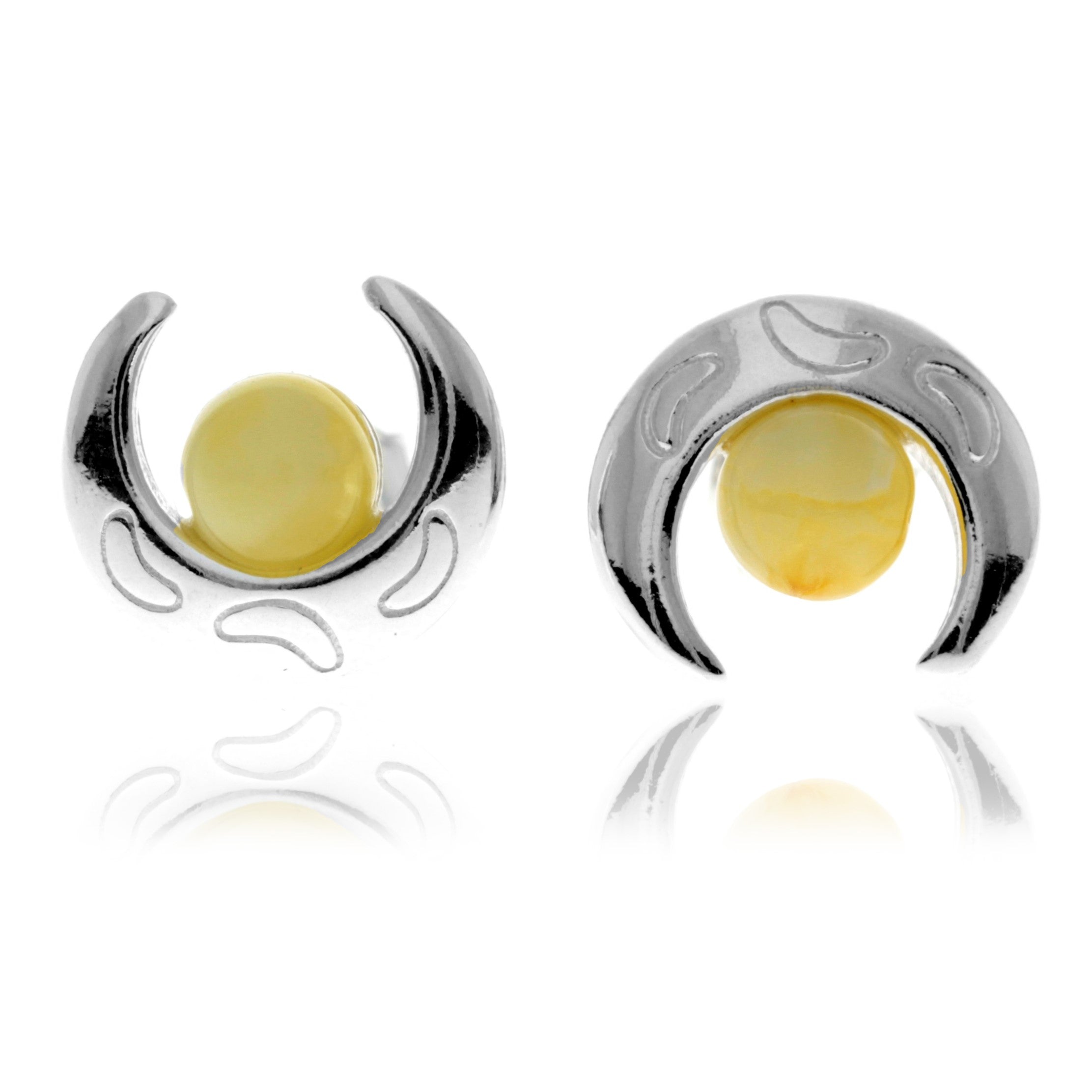 925 Sterling Silver & Genuine Baltic Amber Classic Half Moon Studs Earrings - GL1023