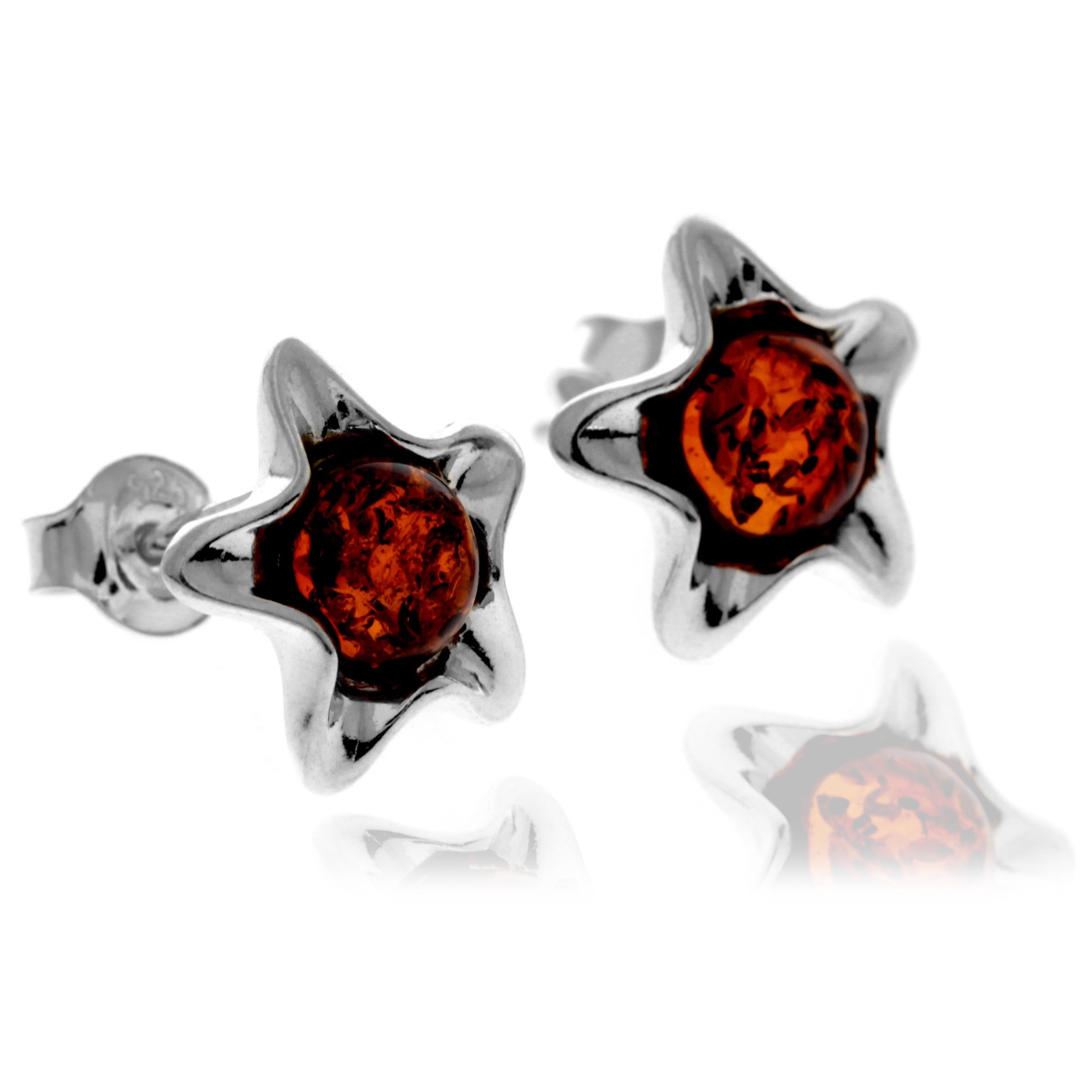 925 Sterling Silver & Genuine Baltic Amber Classic Stars / Starfish Studs Earrings - GL1034