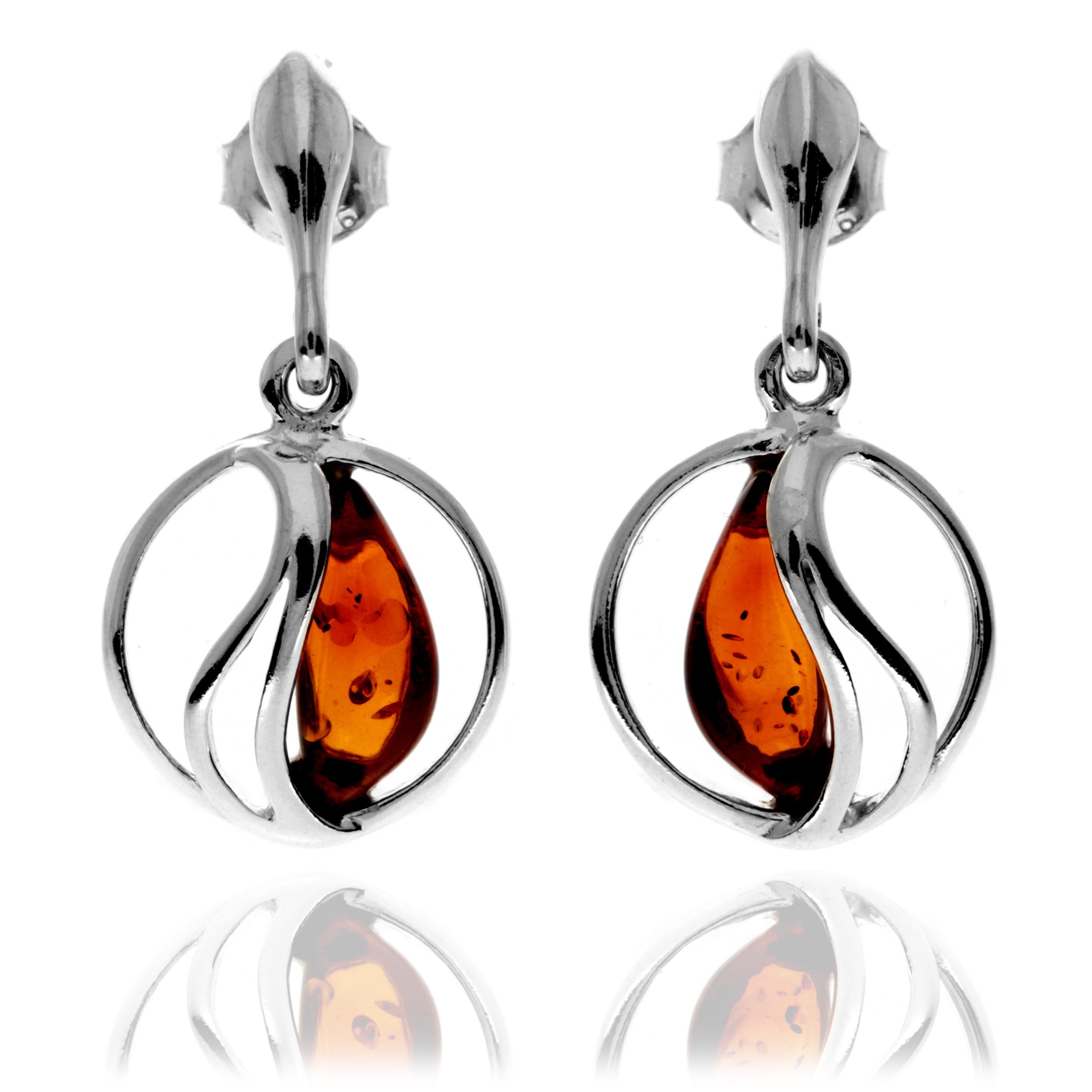 925 Sterling Silver & Genuine Baltic Amber Modern Drop Earrings - GL1037