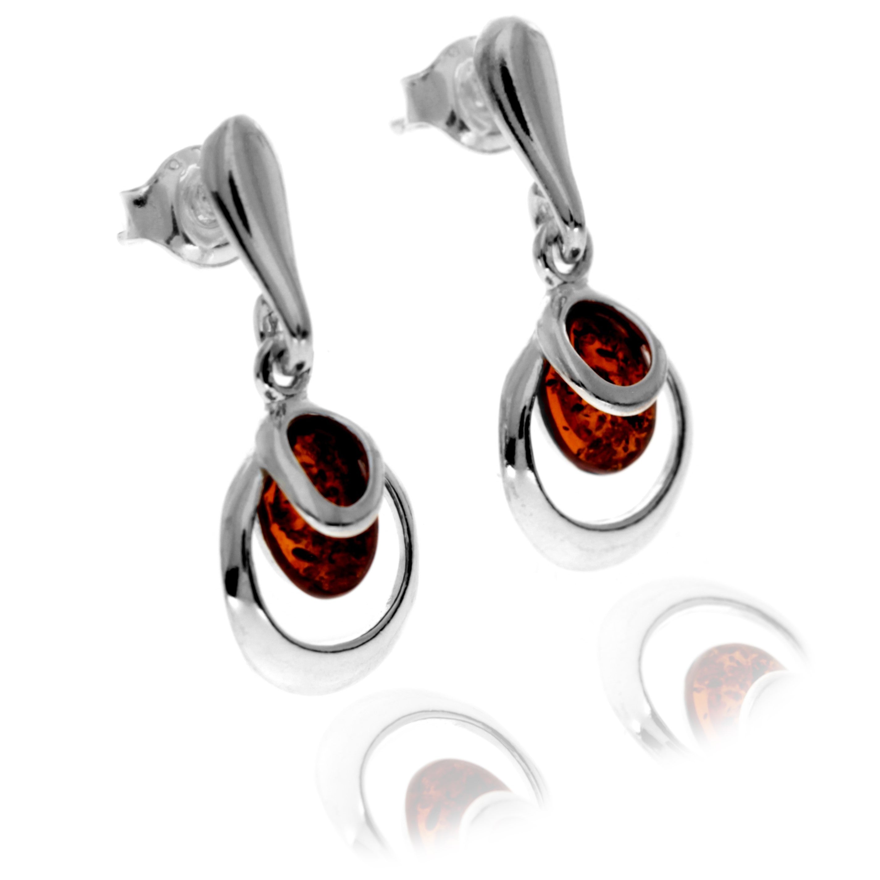 925 Sterling Silver & Genuine Baltic Amber Modern Drop Earrings - GL1041