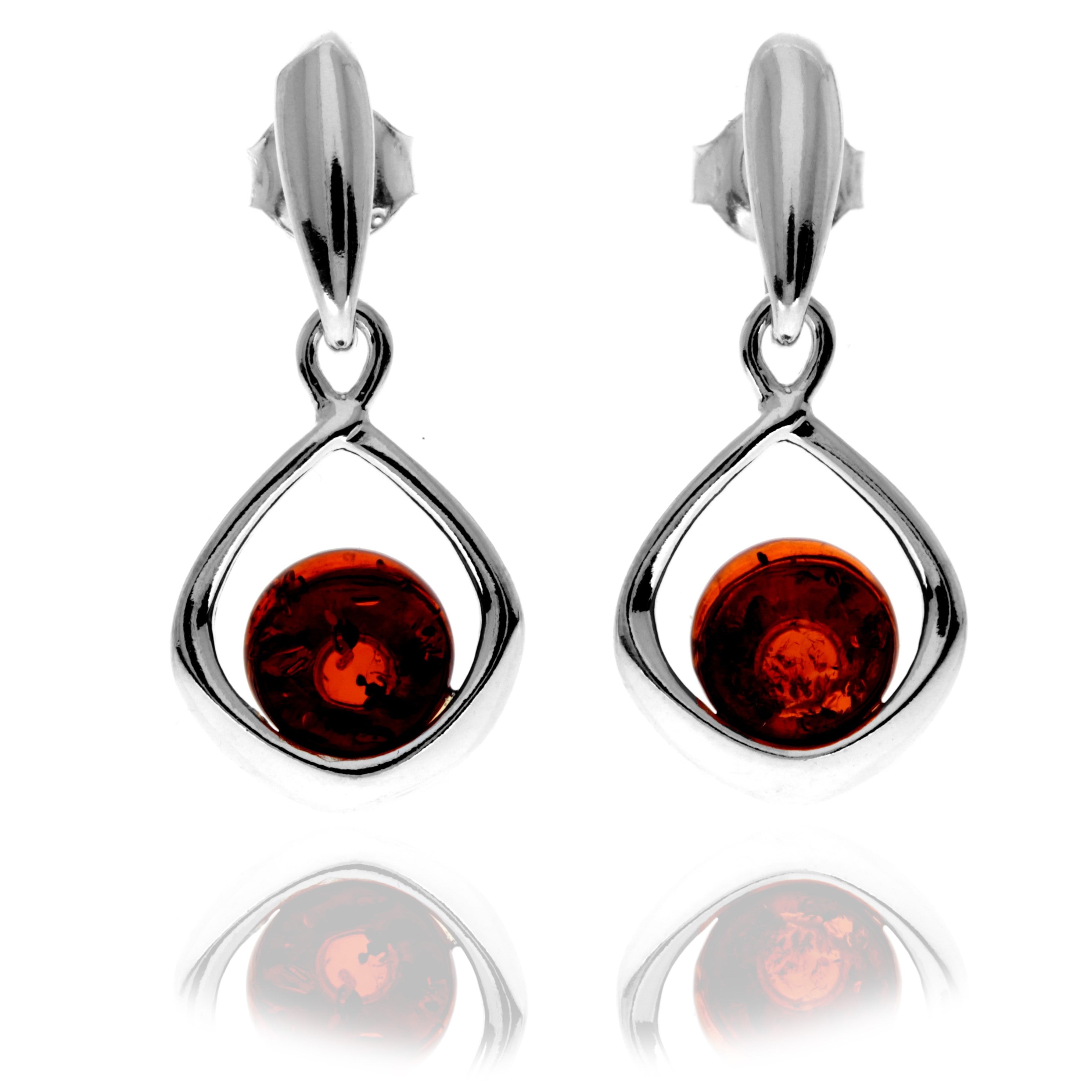 925 Sterling Silver & Genuine Baltic Amber Modern Drop Earrings - GL1045