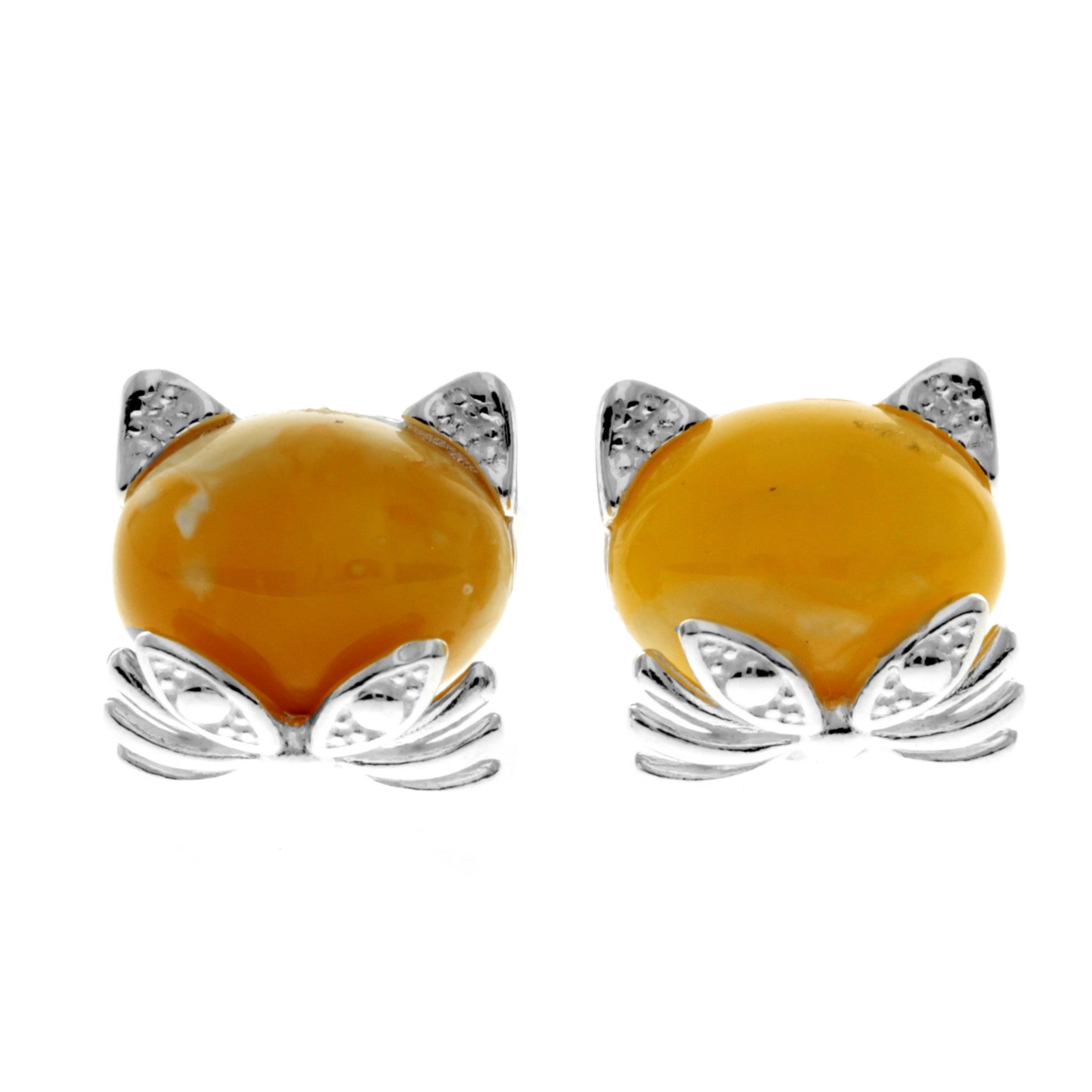 925 Sterling Silver & Baltic Amber Cute Cats Studs Earrings - GL192