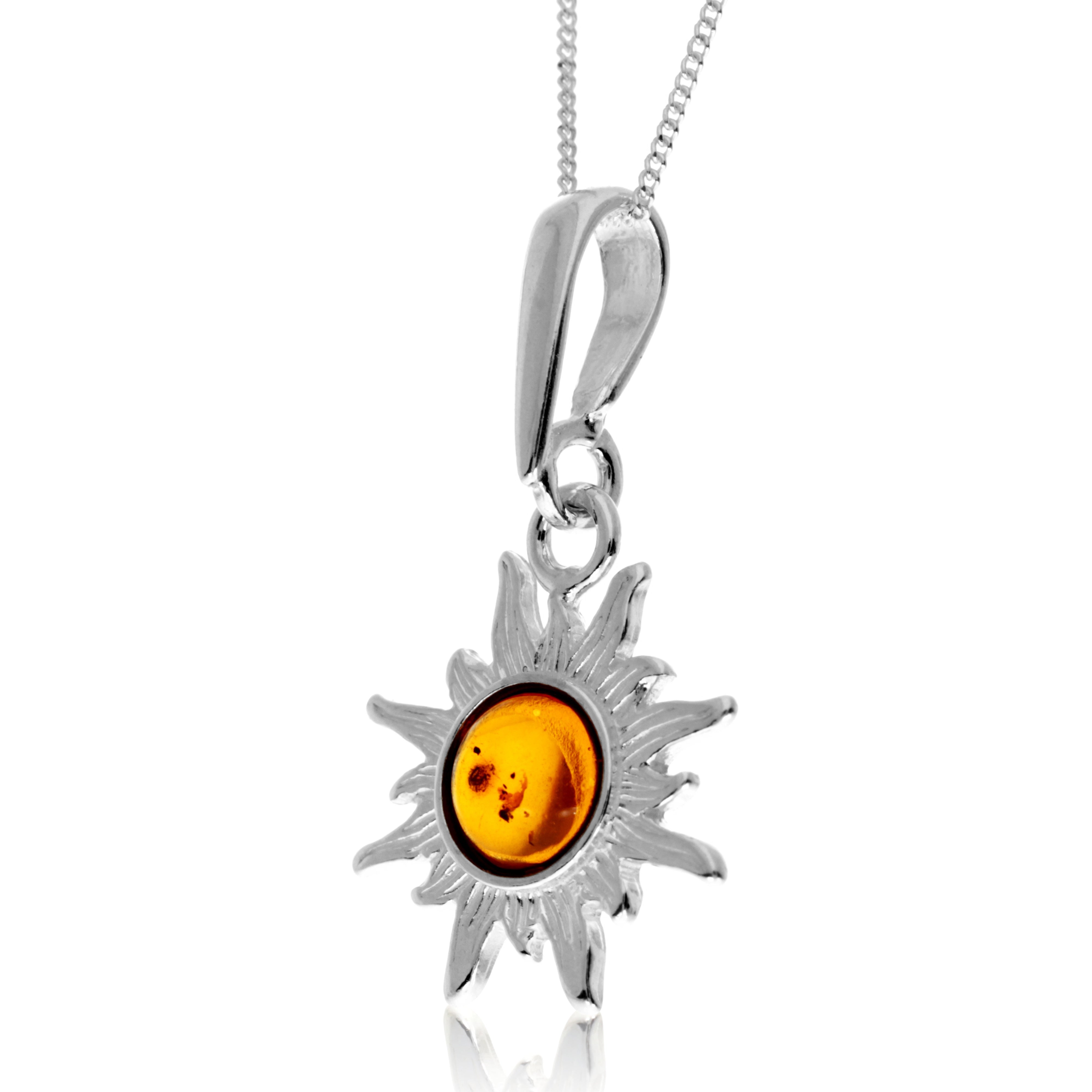 925 Steling Silver & Genuine Baltic Amber Classic Sun Pendant - GL2045