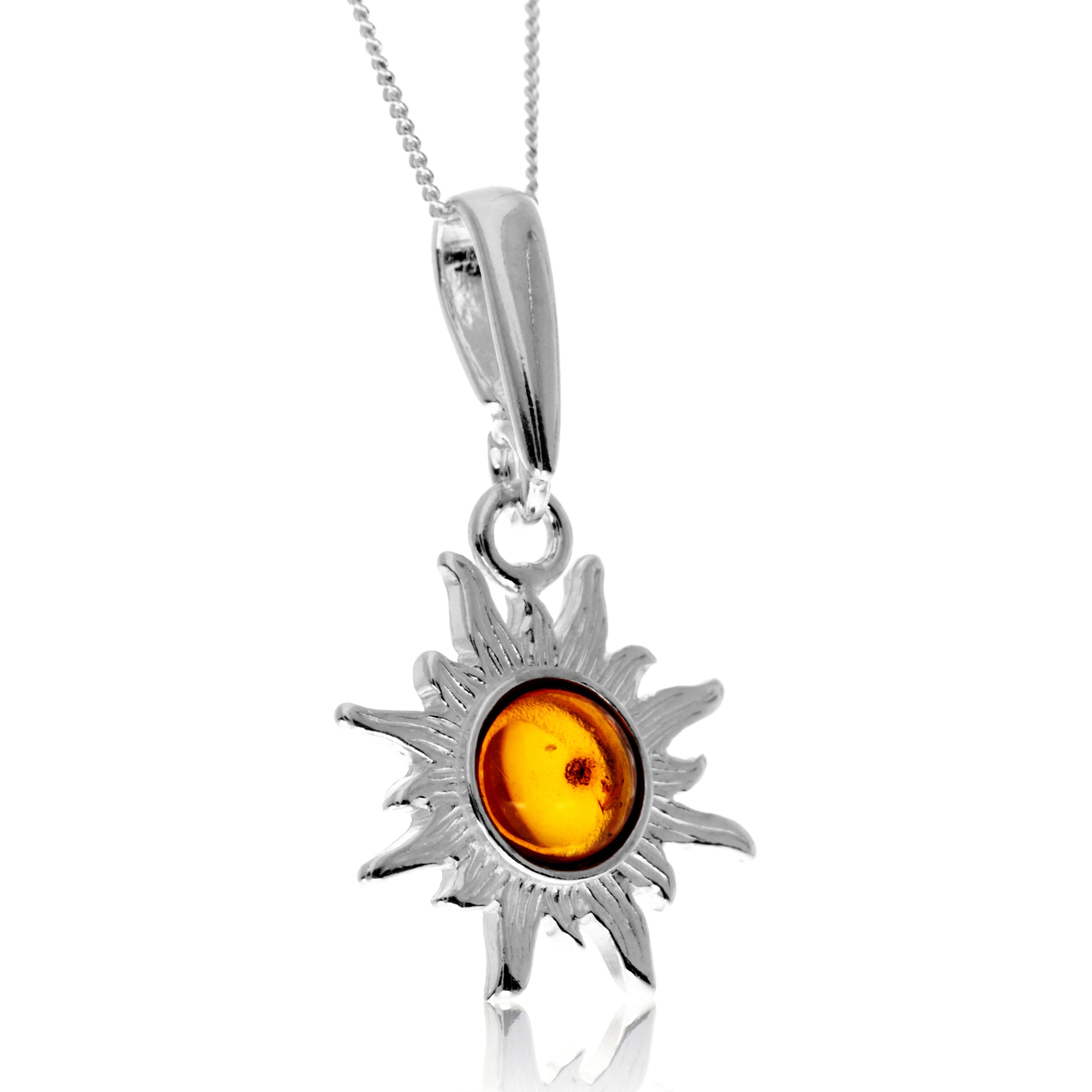 925 Steling Silver & Genuine Baltic Amber Classic Sun Pendant - GL2045