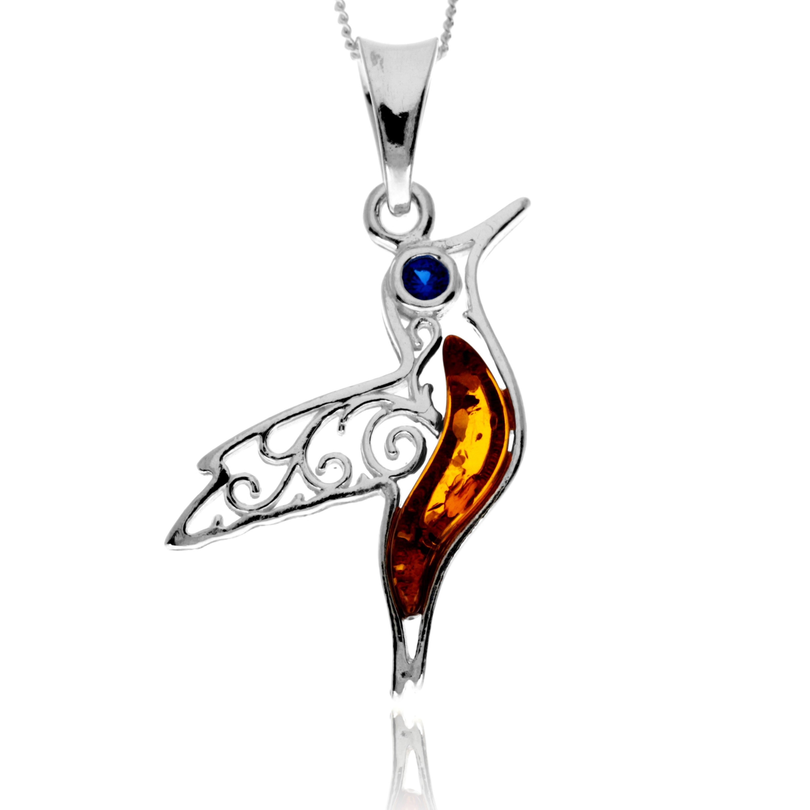 925 Steling Silver & Genuine Baltic Amber Humming Bird Pendant - GL2050