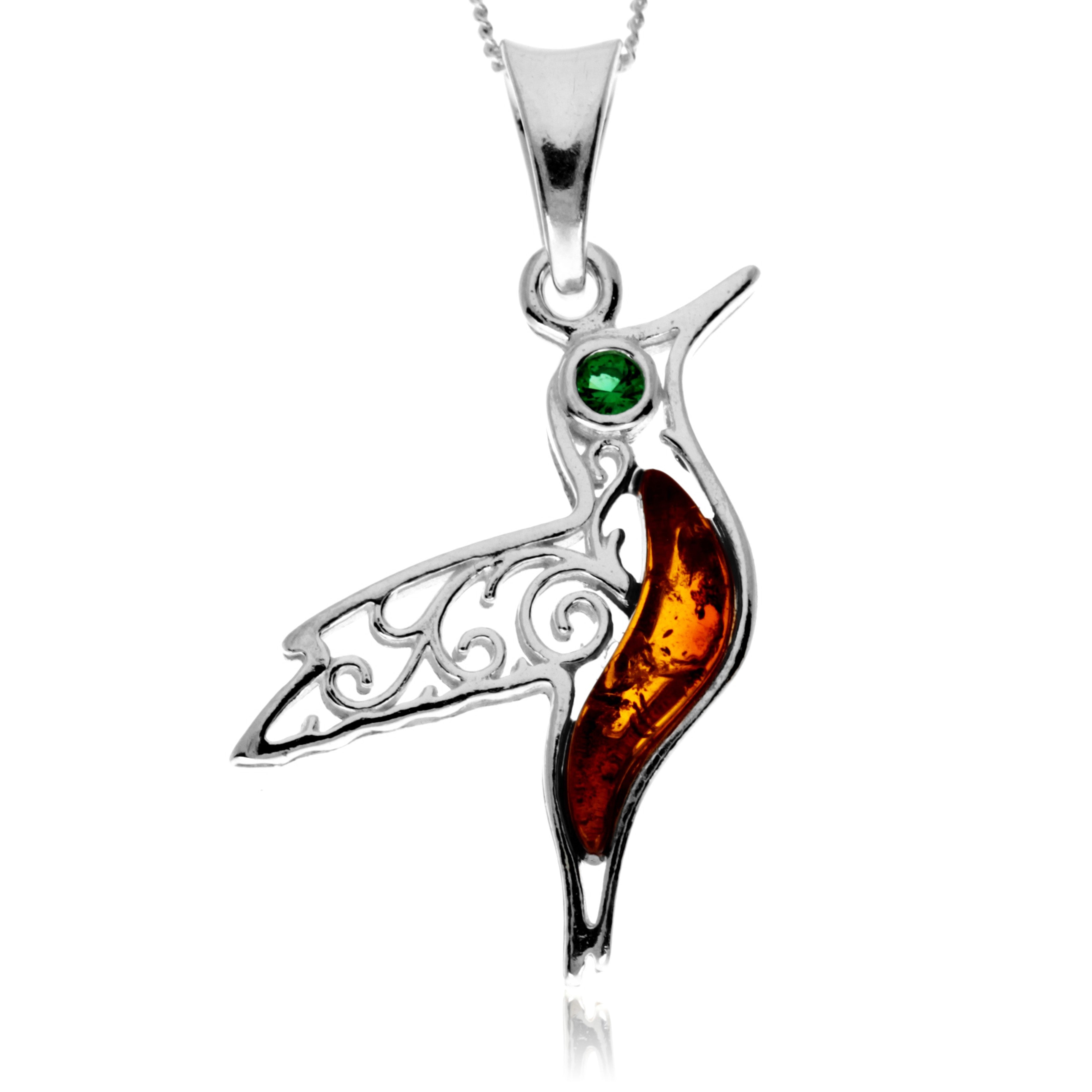 925 Steling Silver & Genuine Baltic Amber Humming Bird Pendant - GL2050