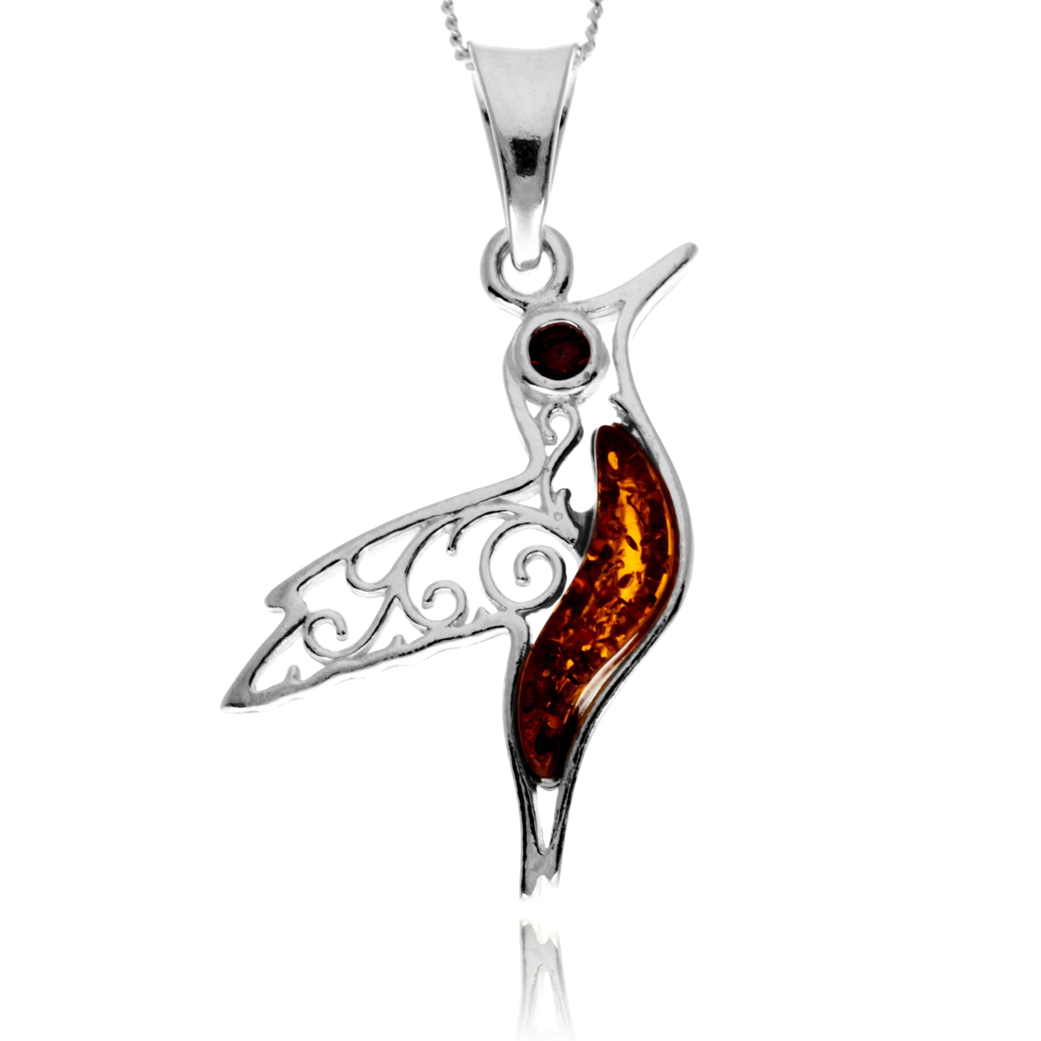 925 Steling Silver & Genuine Baltic Amber Humming Bird Pendant - GL2050