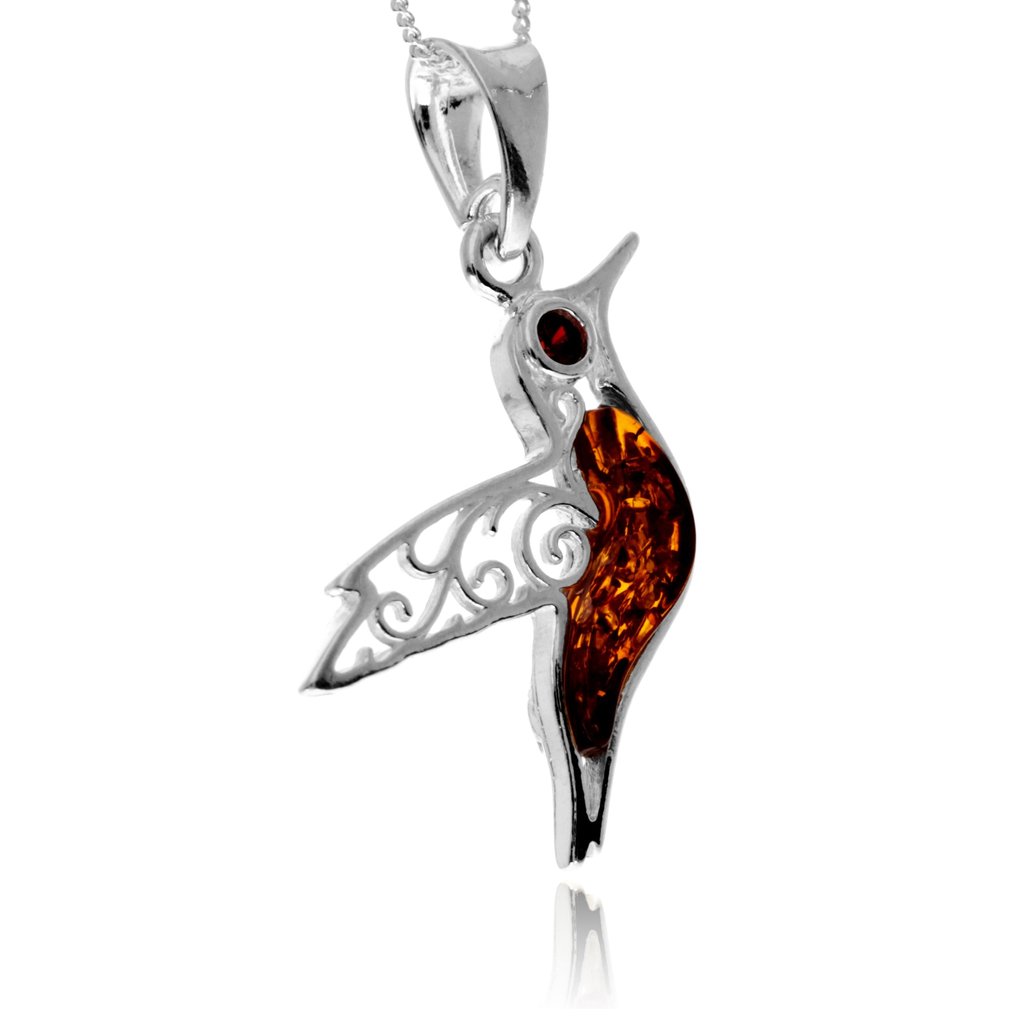 925 Steling Silver & Genuine Baltic Amber Humming Bird Pendant - GL2050